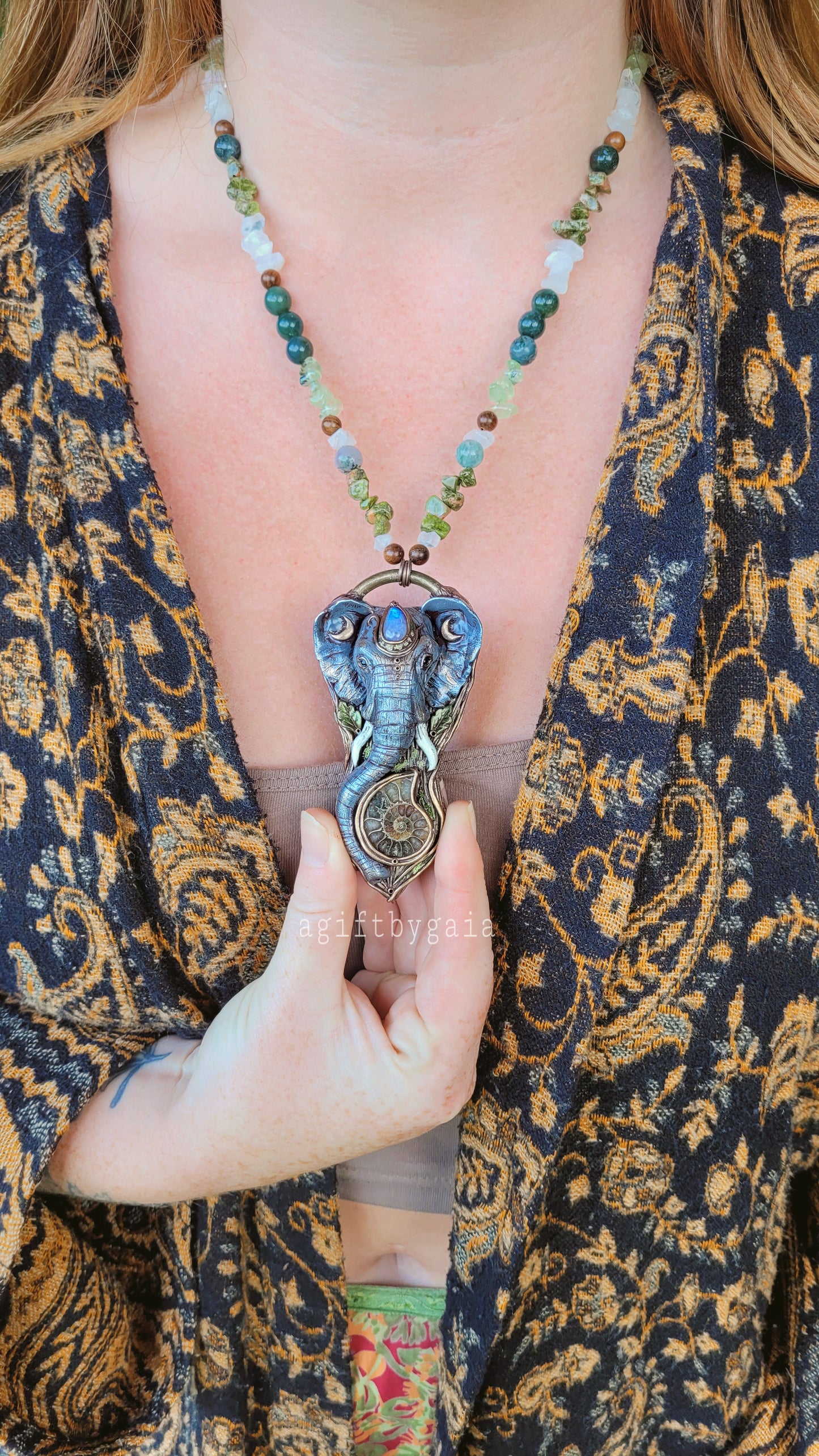 Sacred Elephant Crystal Beaded Lunar Talisman ~ Rainbow Moonstone, Ammonite Fossil, Unakite, Prehnite, Moss Agate & Sandalwood