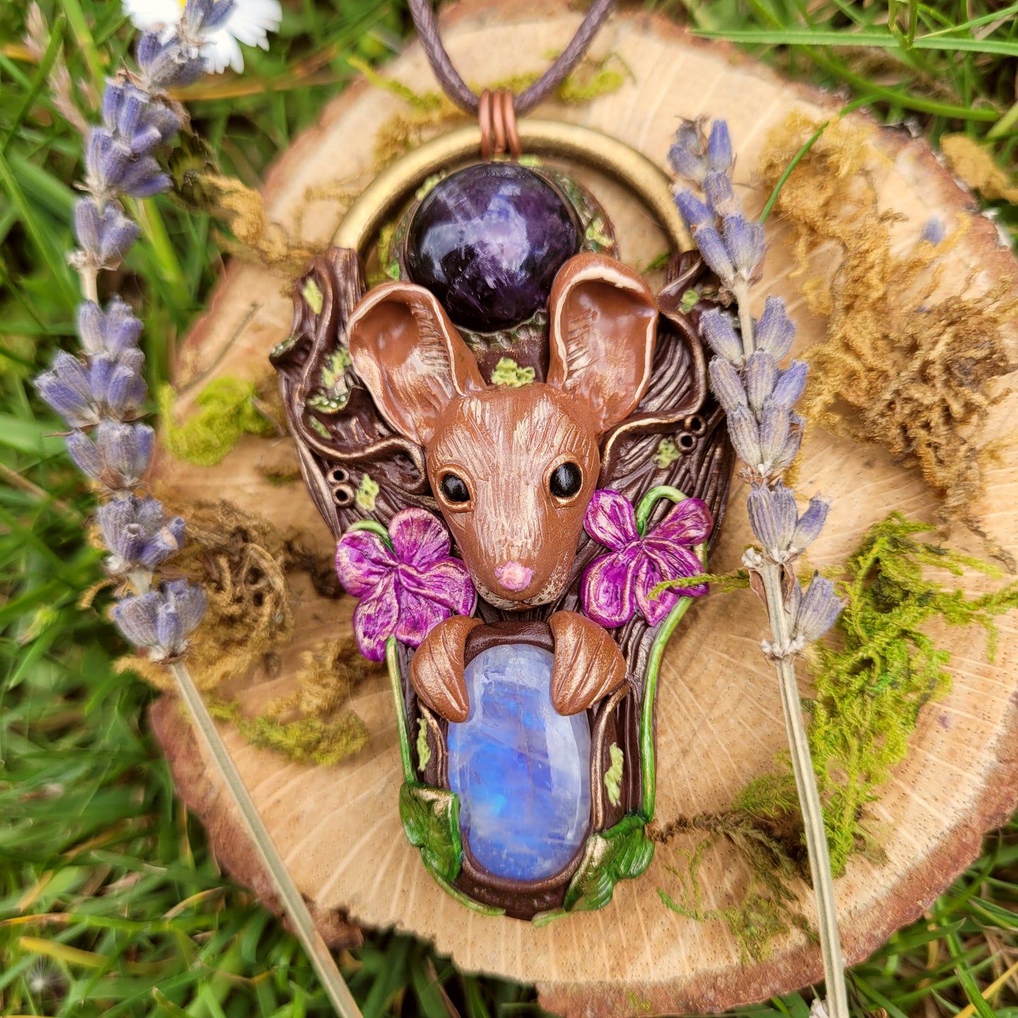 Wood Mouse in the Violets Talisman ~ Amethyst & Moonstone