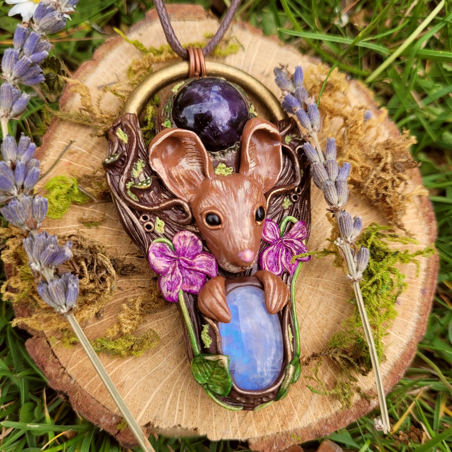 Wood Mouse in the Violets Talisman ~ Amethyst & Moonstone