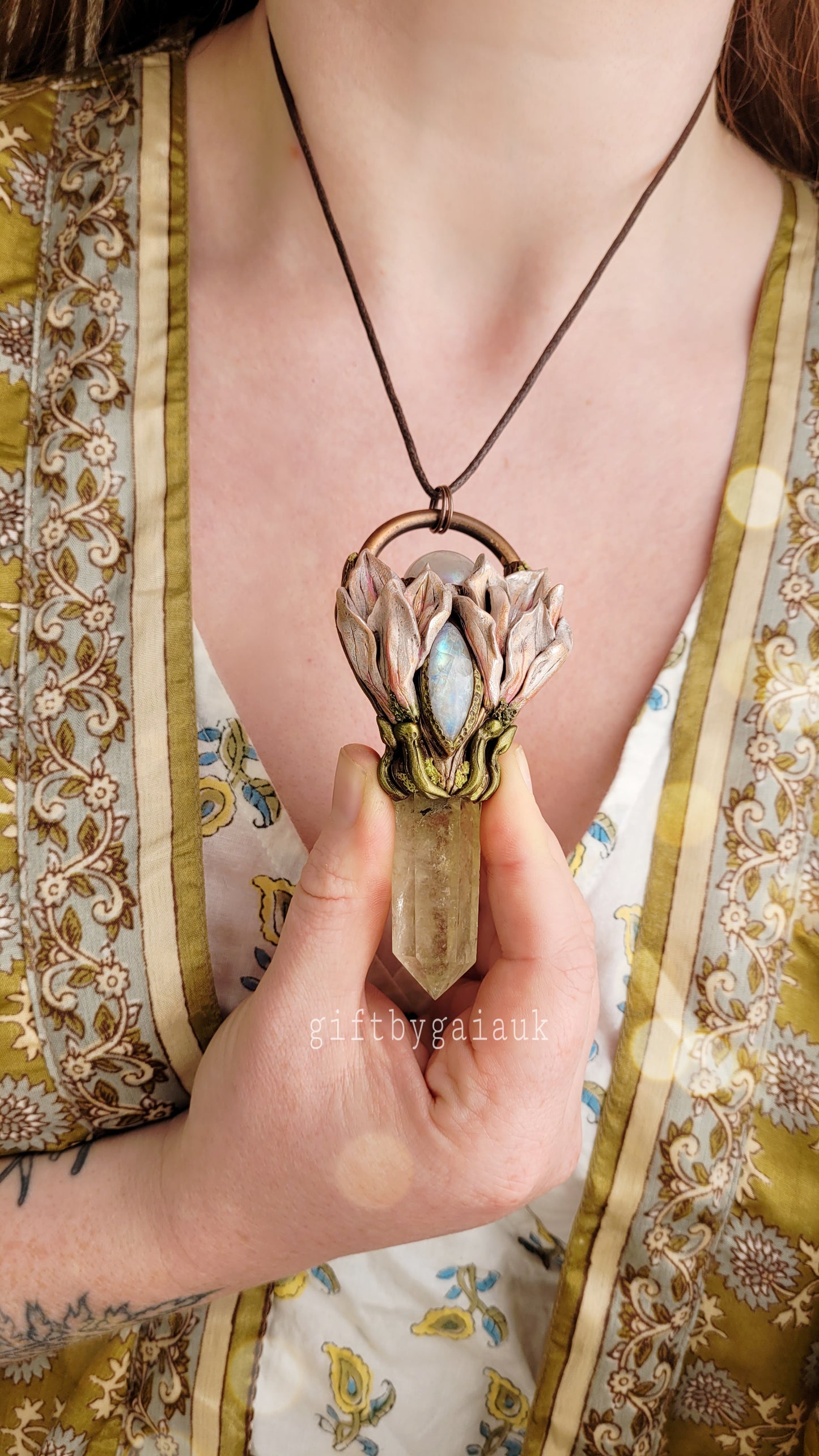 Sacred Magnolia Talisman ~ Lemon Quartz, Rainbow Moonstone & Aura Rose Quartz