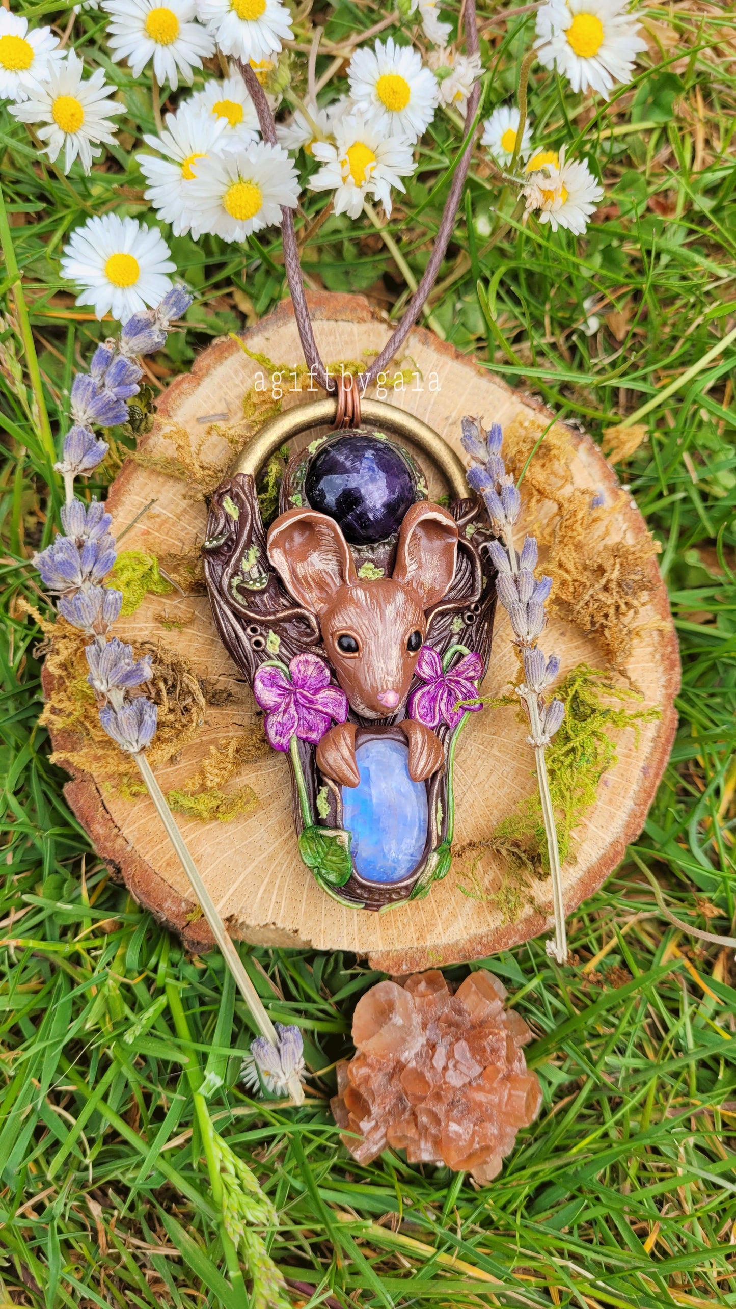 Wood Mouse in the Violets Talisman ~ Amethyst & Moonstone