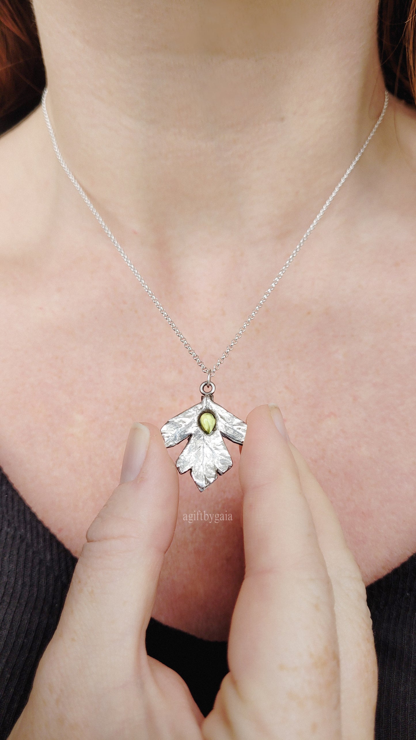 Hawthorn Leaf Peridot Talisman ~ Fine 999 Recycled Silver