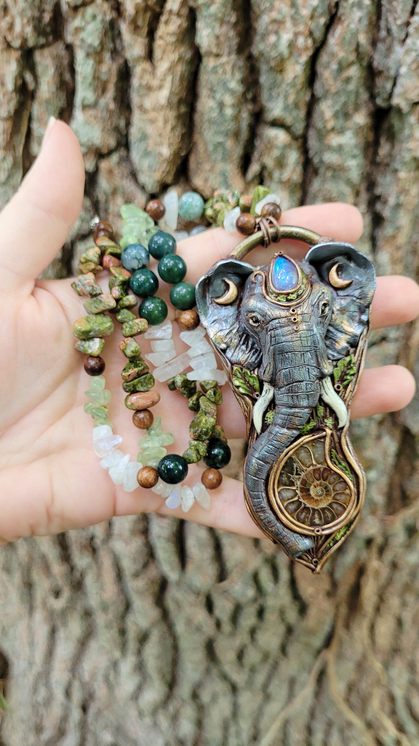 Sacred Elephant Crystal Beaded Lunar Talisman ~ Rainbow Moonstone, Ammonite Fossil, Unakite, Prehnite, Moss Agate & Sandalwood