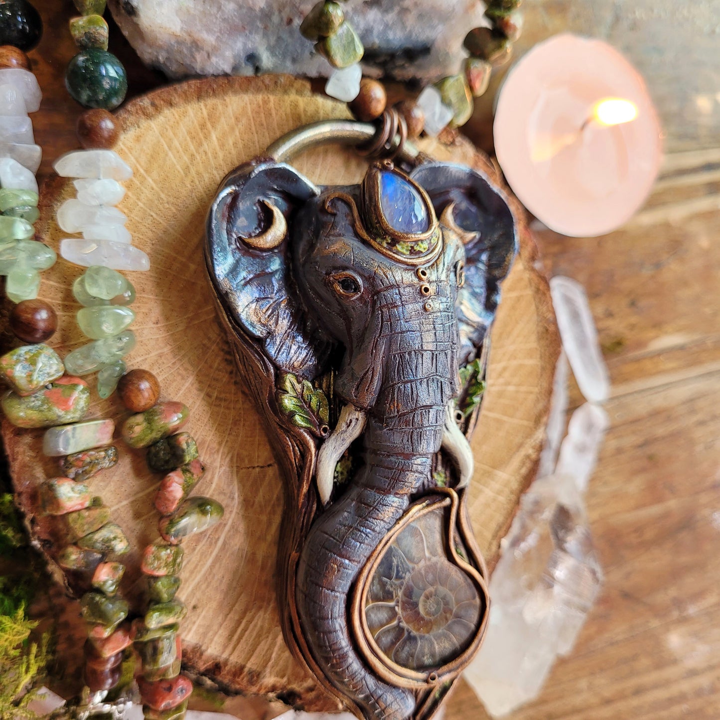 Sacred Elephant Crystal Beaded Lunar Talisman ~ Rainbow Moonstone, Ammonite Fossil, Unakite, Prehnite, Moss Agate & Sandalwood