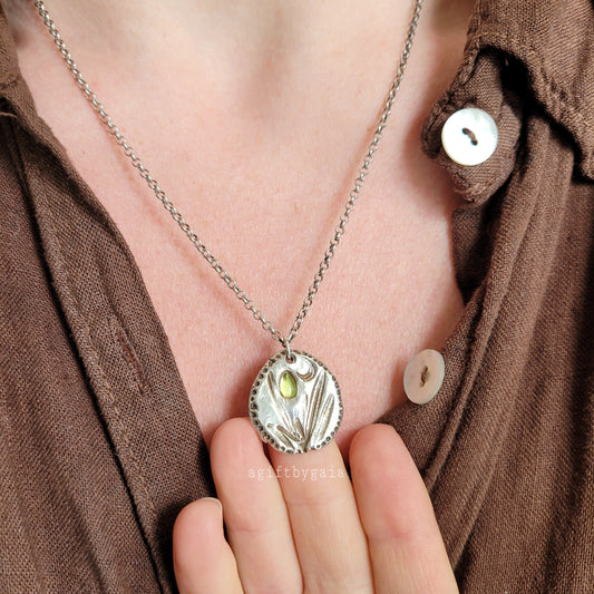 Made to order ~ Recycled Silver, Garden Rosemary & Peridot Lunar Coin Talisman