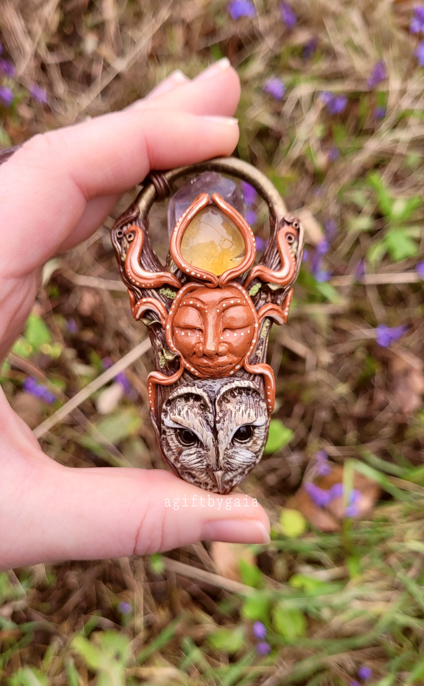 Owl & Sun Talisman ~ Amethyst & Natural Citrine