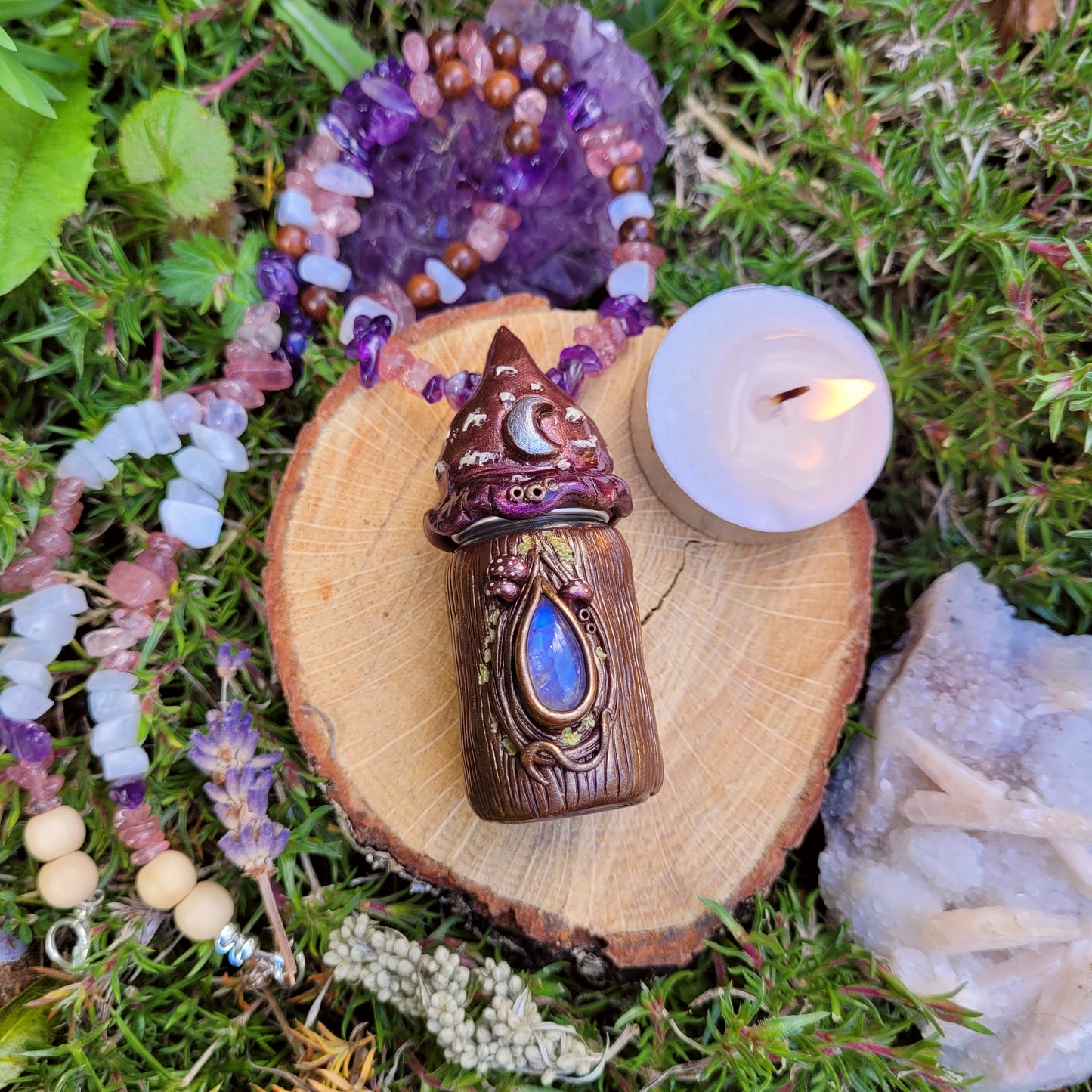 Keepsake Bottle Talisman ~ Rainbow Moonstone, Amethyst, Rose Quartz, Strawberry Quartz & Sandalwood