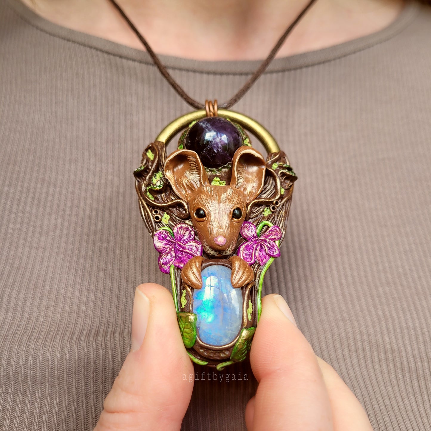Wood Mouse in the Violets Talisman ~ Amethyst & Moonstone