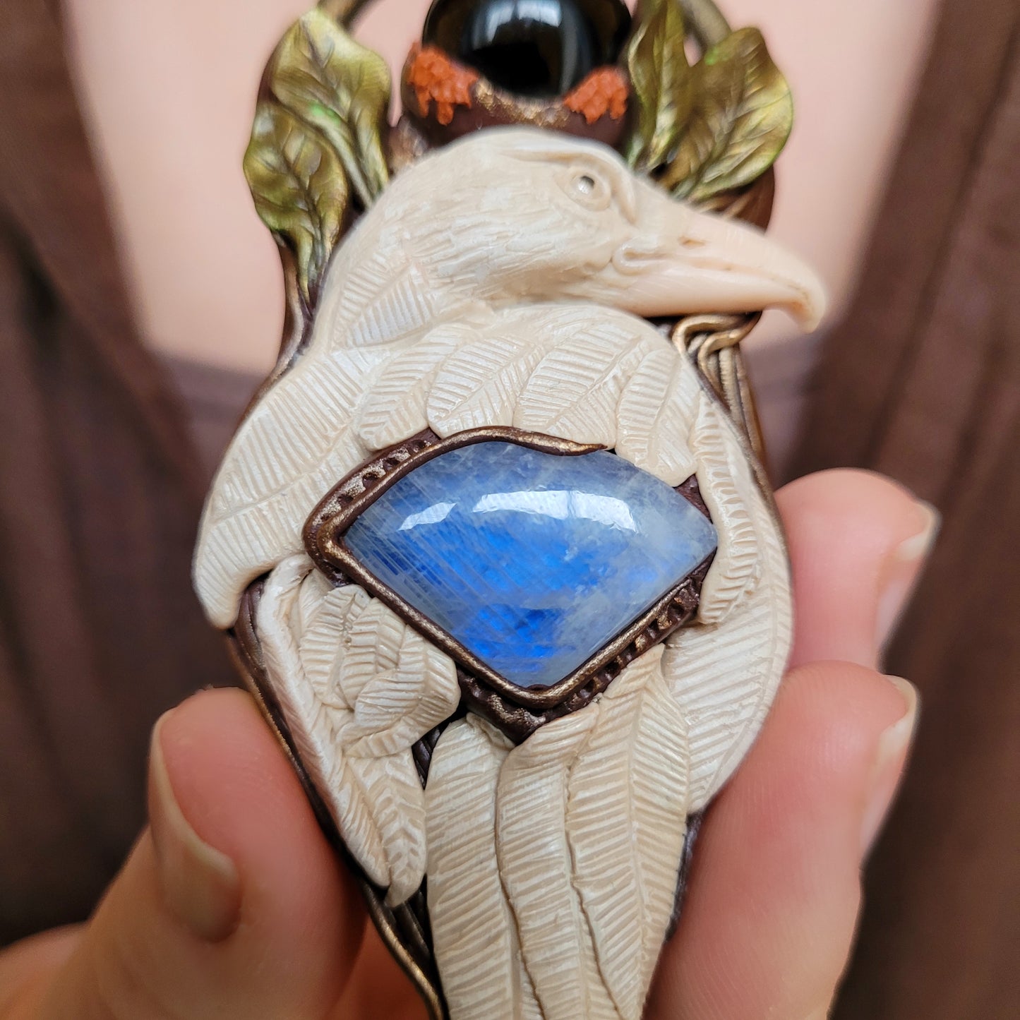 White Raven Talisman ~ Rainbow Moonstone & Smokey Quartz