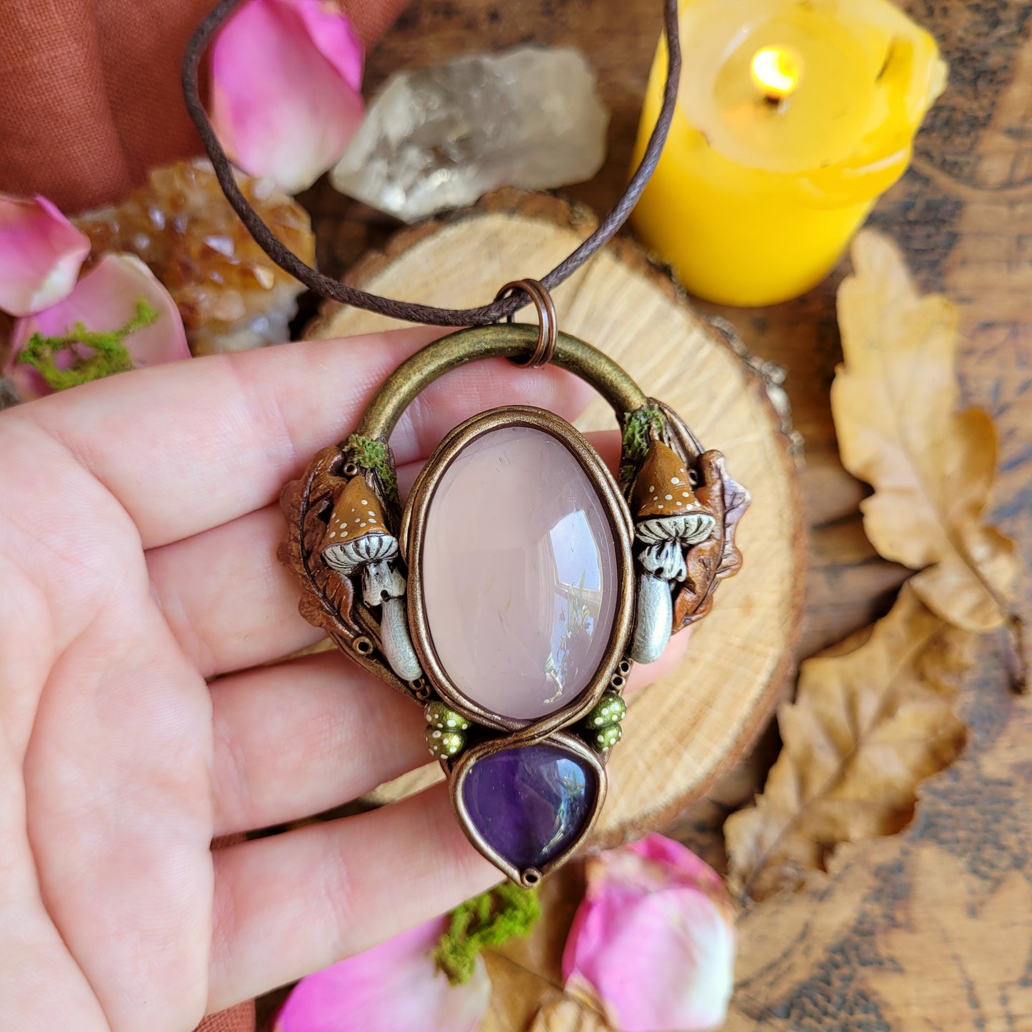 Woodland Fungi Talisman ~ Rose Quartz & Amethyst
