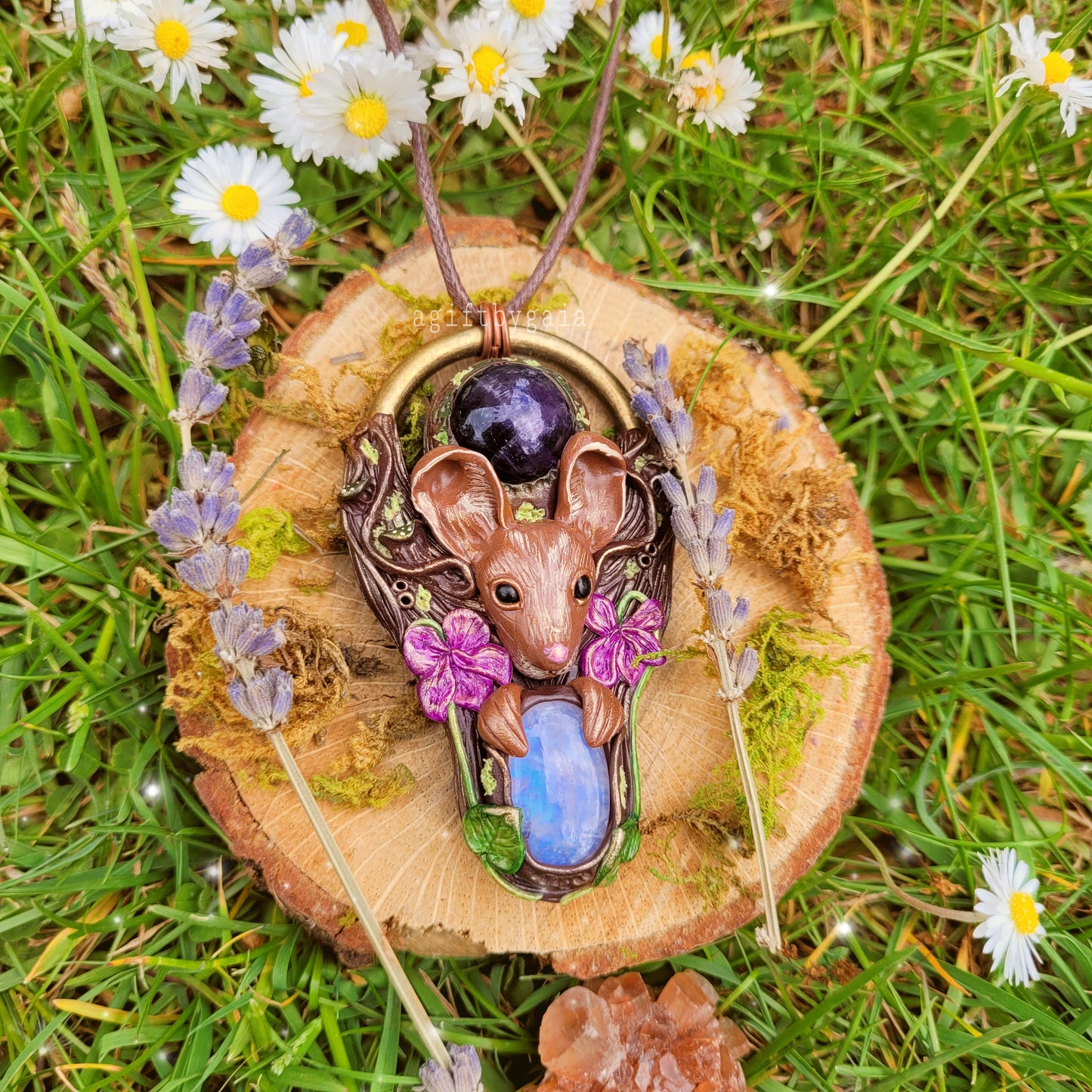 Wood Mouse in the Violets Talisman ~ Amethyst & Moonstone