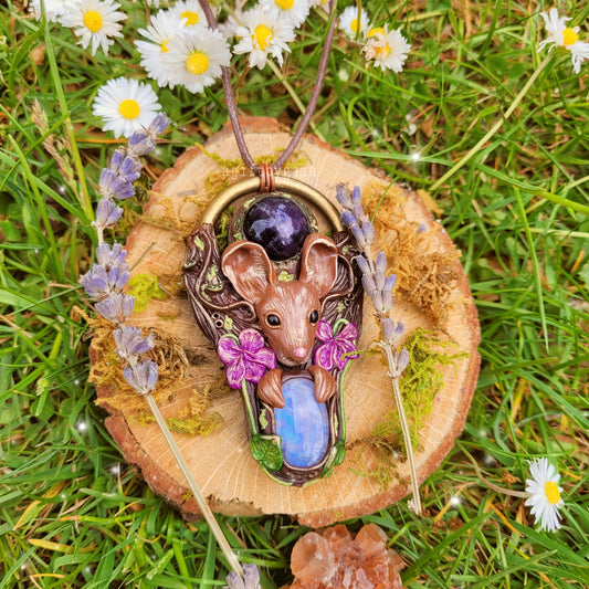 Wood Mouse in the Violets Talisman ~ Amethyst & Moonstone