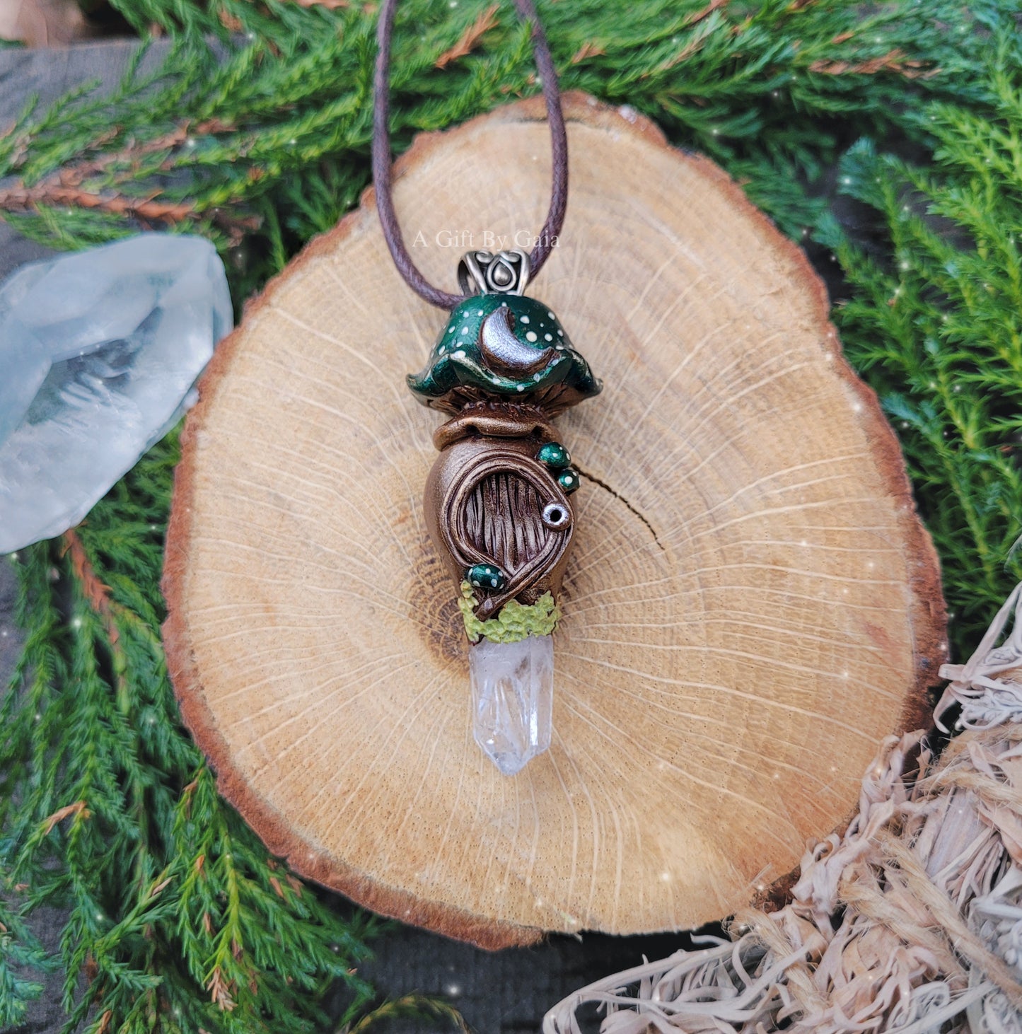 Crystal Moon Mushroom Faery House Pendant ~ Quartz