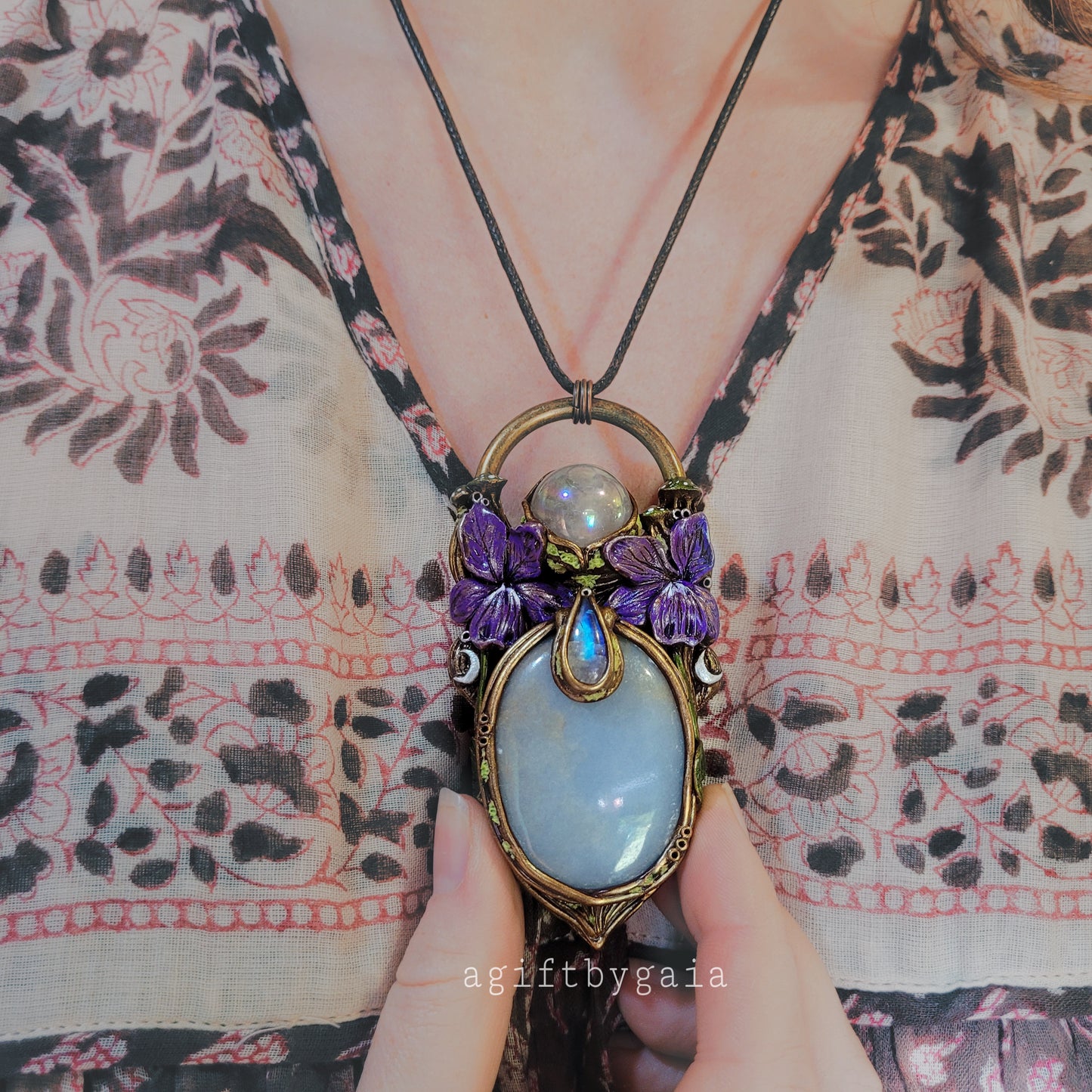 Wild Violets Talisman ~ Angelite, Aura Rose Quartz & Rainbow Moonstone