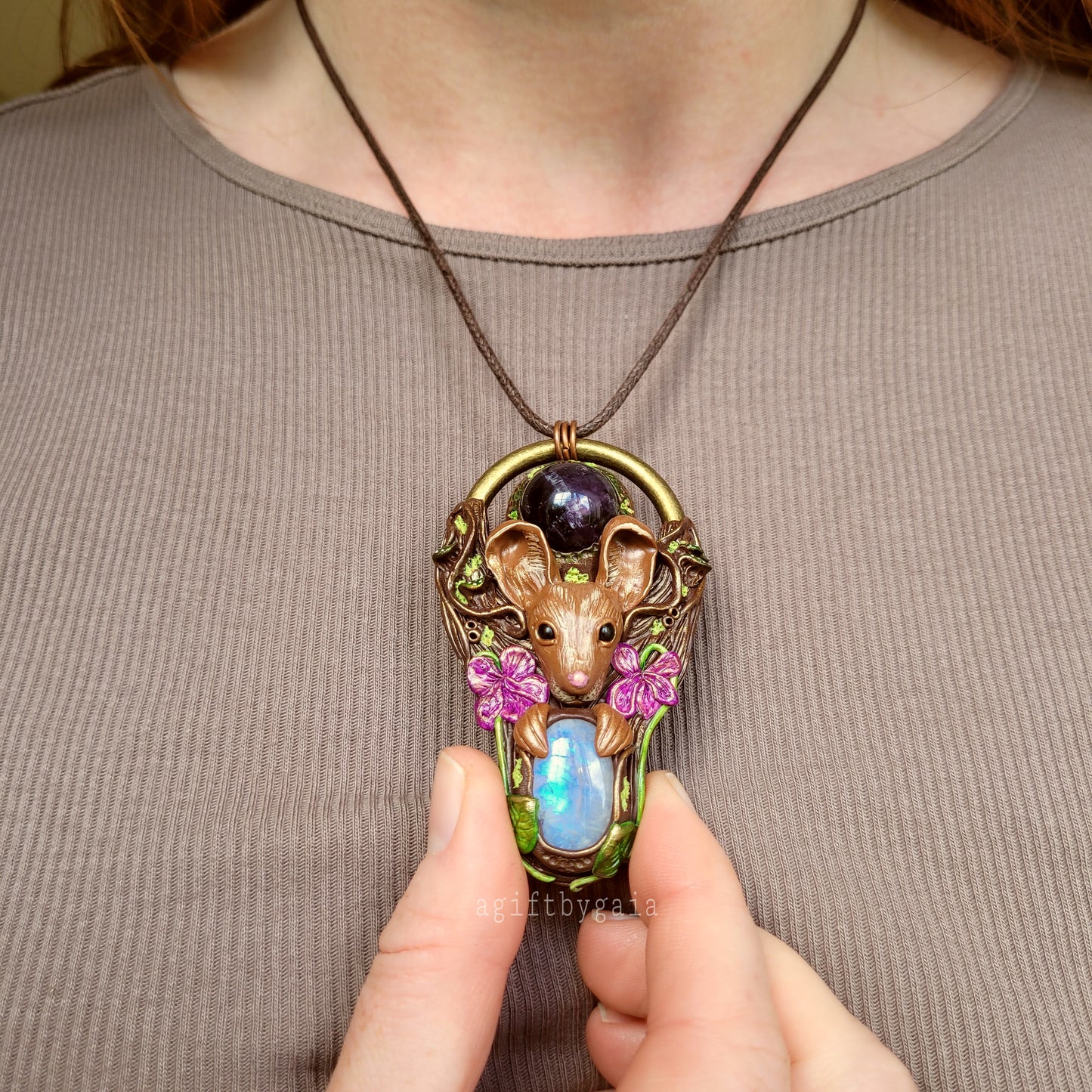 Wood Mouse in the Violets Talisman ~ Amethyst & Moonstone