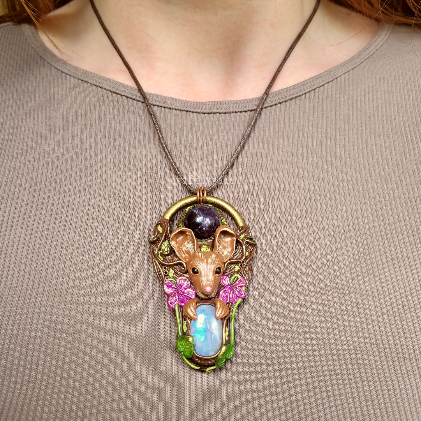 Wood Mouse in the Violets Talisman ~ Amethyst & Moonstone