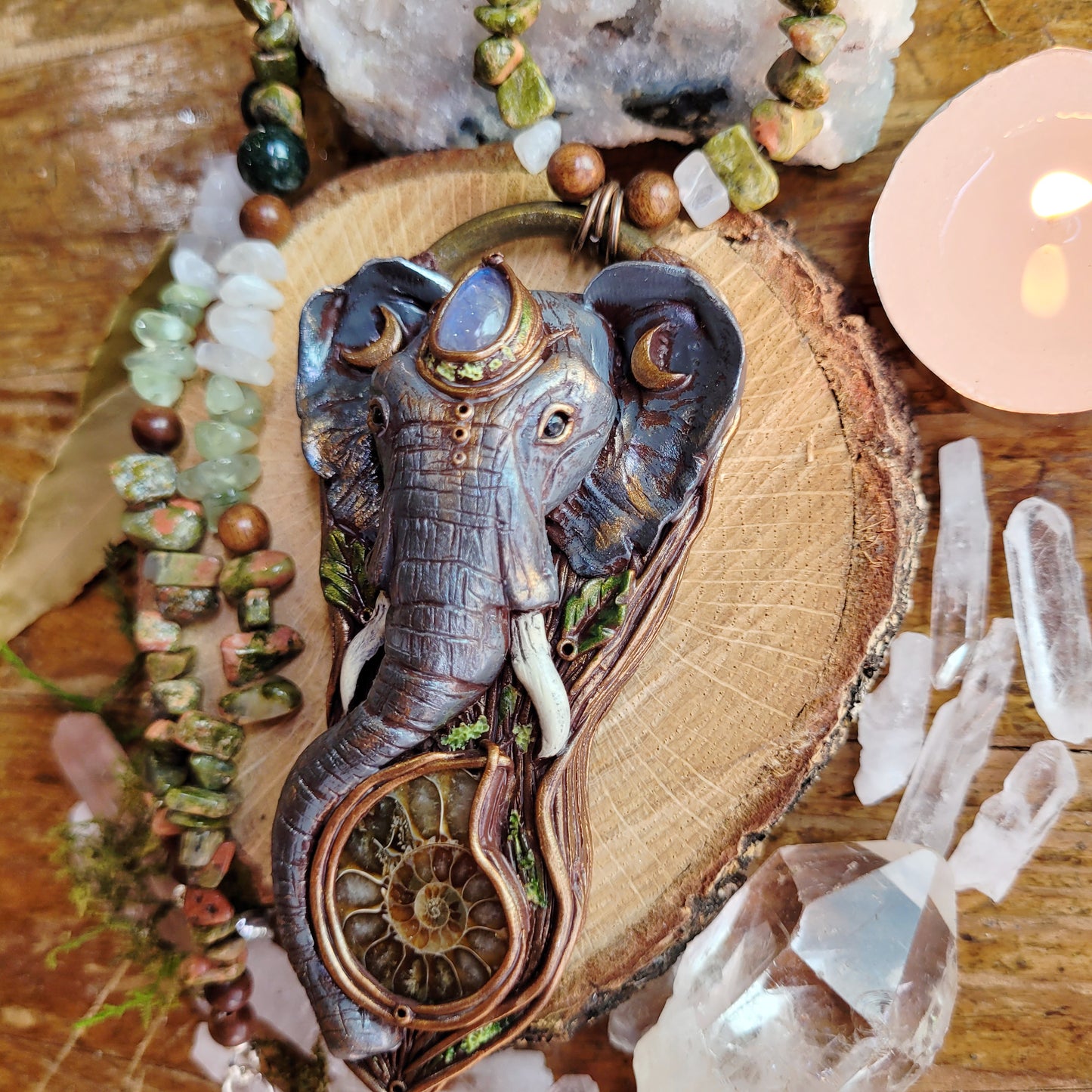 Sacred Elephant Crystal Beaded Lunar Talisman ~ Rainbow Moonstone, Ammonite Fossil, Unakite, Prehnite, Moss Agate & Sandalwood