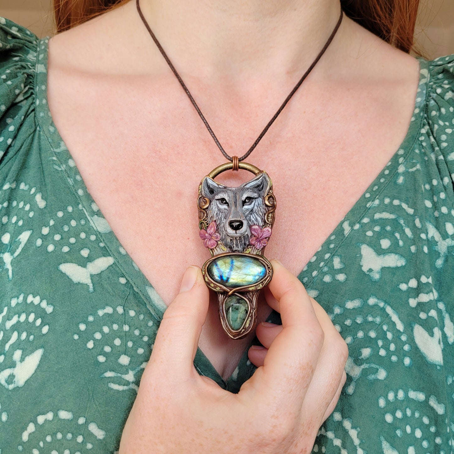 Brave Wolf & Dog Violet Talisman ~ Emerald & Labradorite