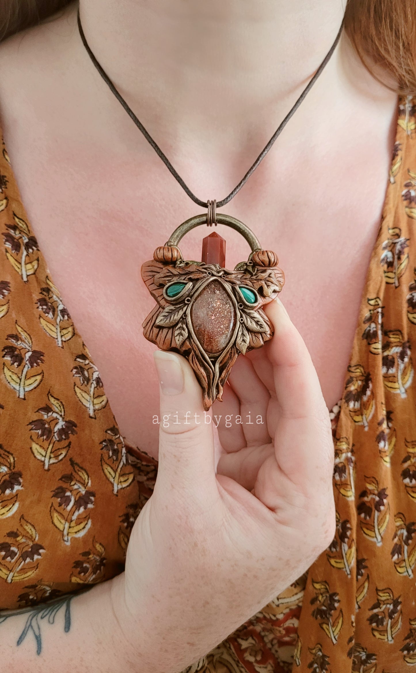 Autumn Moth Pumpkin Talisman ~ Malachite, Carnelian & Sunstone