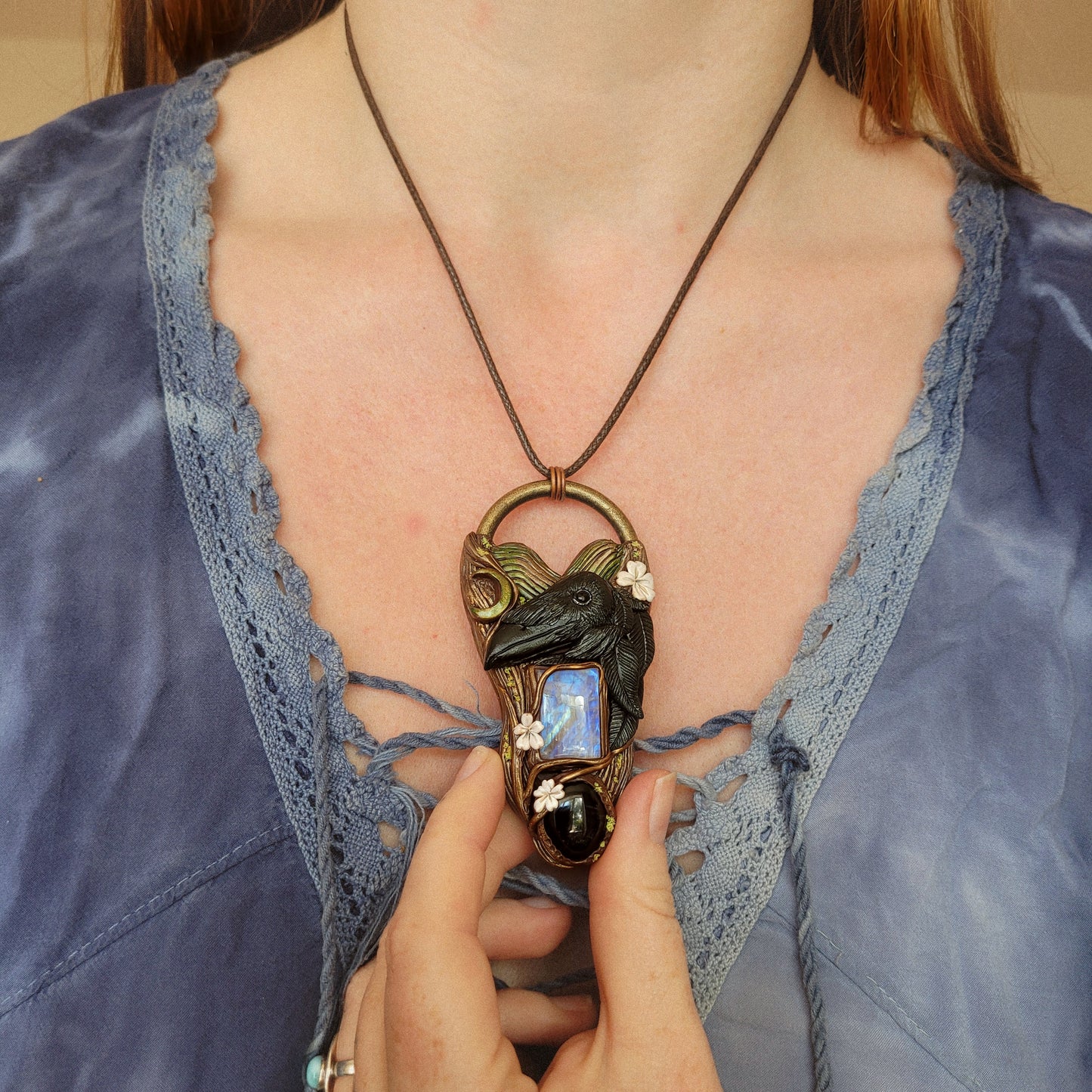 Raven Flies over the Hills & Blackthorn Talisman ~ Rainbow Moonstone & Amethyst