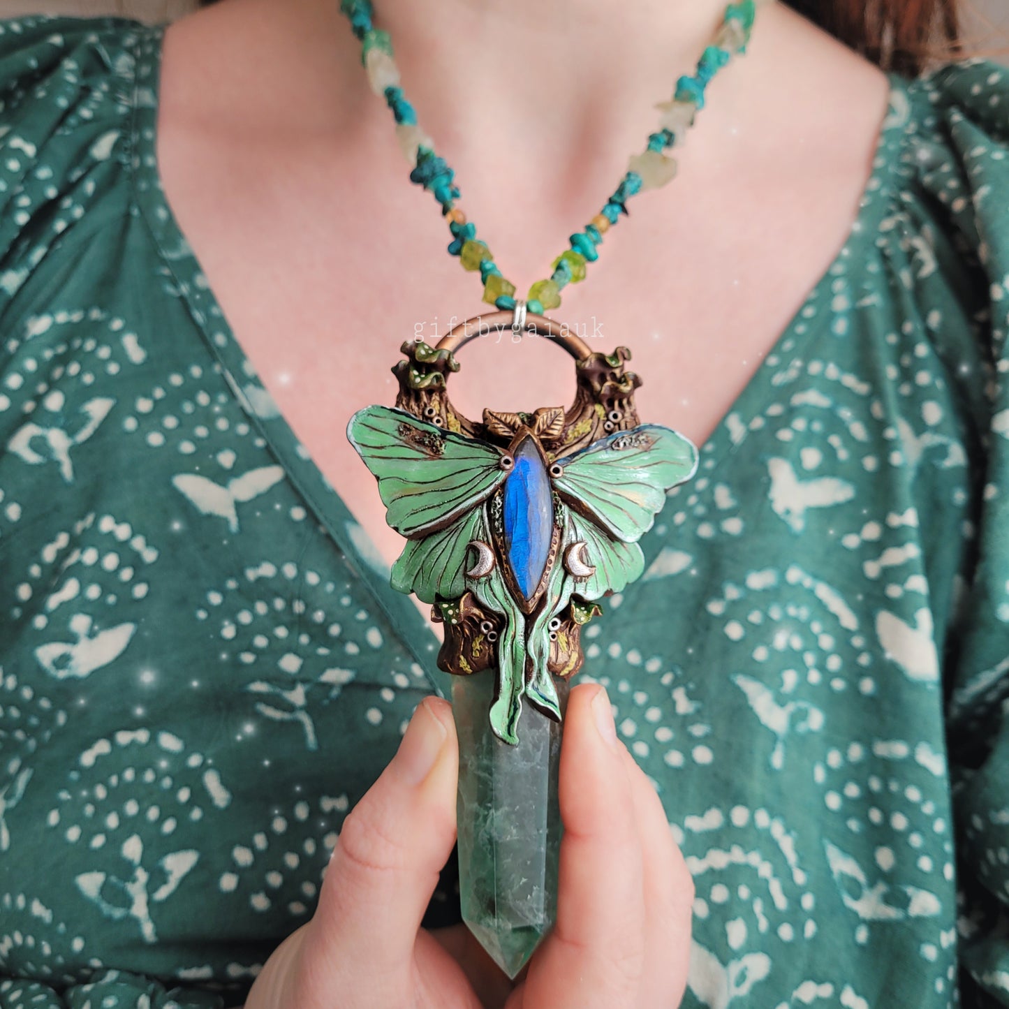 Lunar Moth Beaded Talisman ~ Fluorite, Labradorite, Peridot, Turquoise, Amazonite, Aventurine, Citrine & Sandalwood