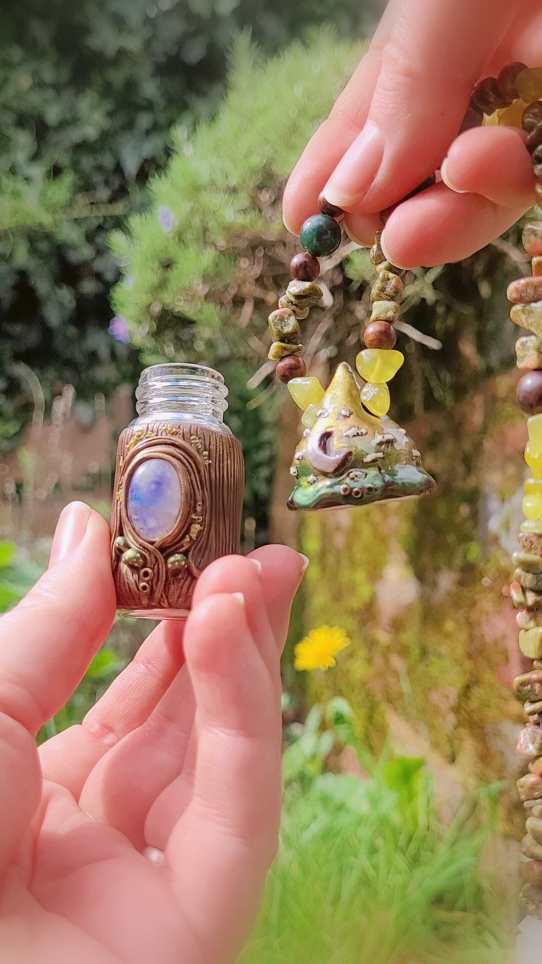 Keepsake Bottle Talisman ~ Rainbow Moonstone, Korean Jade, Unakite, Moss Agate & Sandalwood