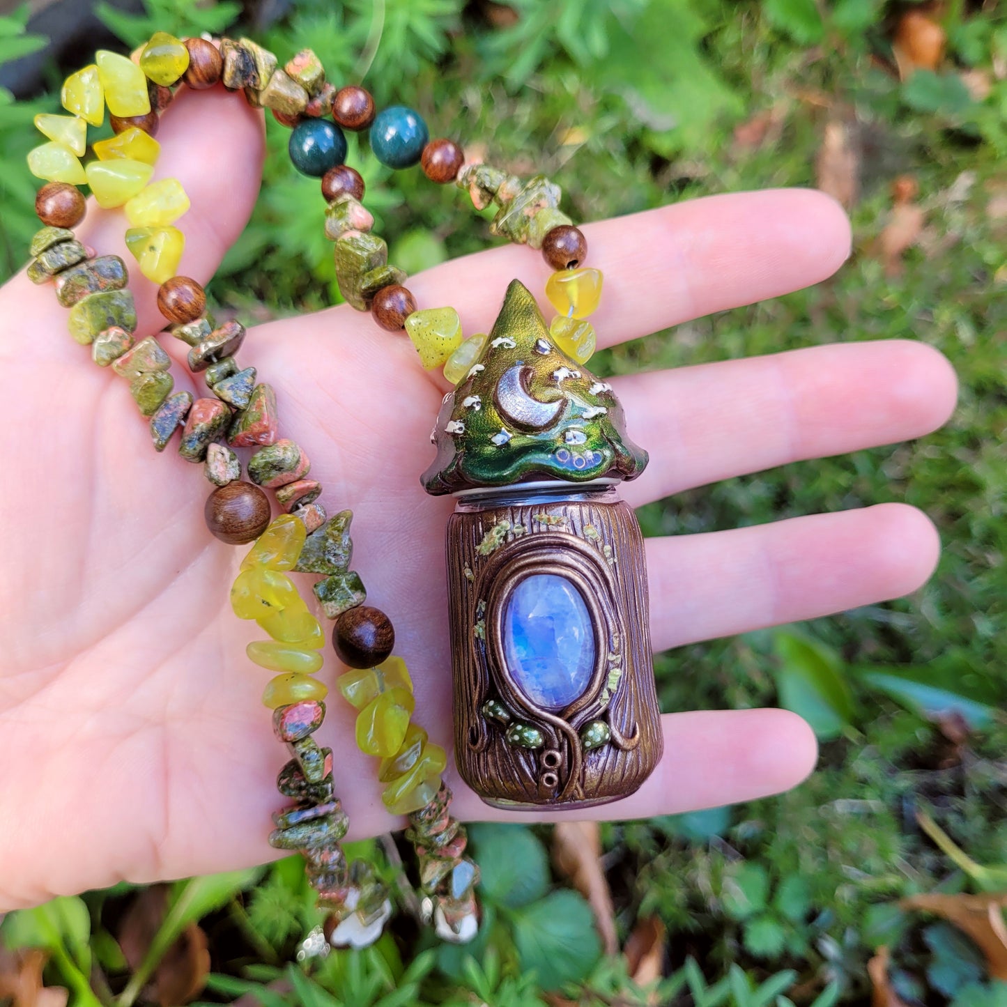 Keepsake Bottle Talisman ~ Rainbow Moonstone, Korean Jade, Unakite, Moss Agate & Sandalwood