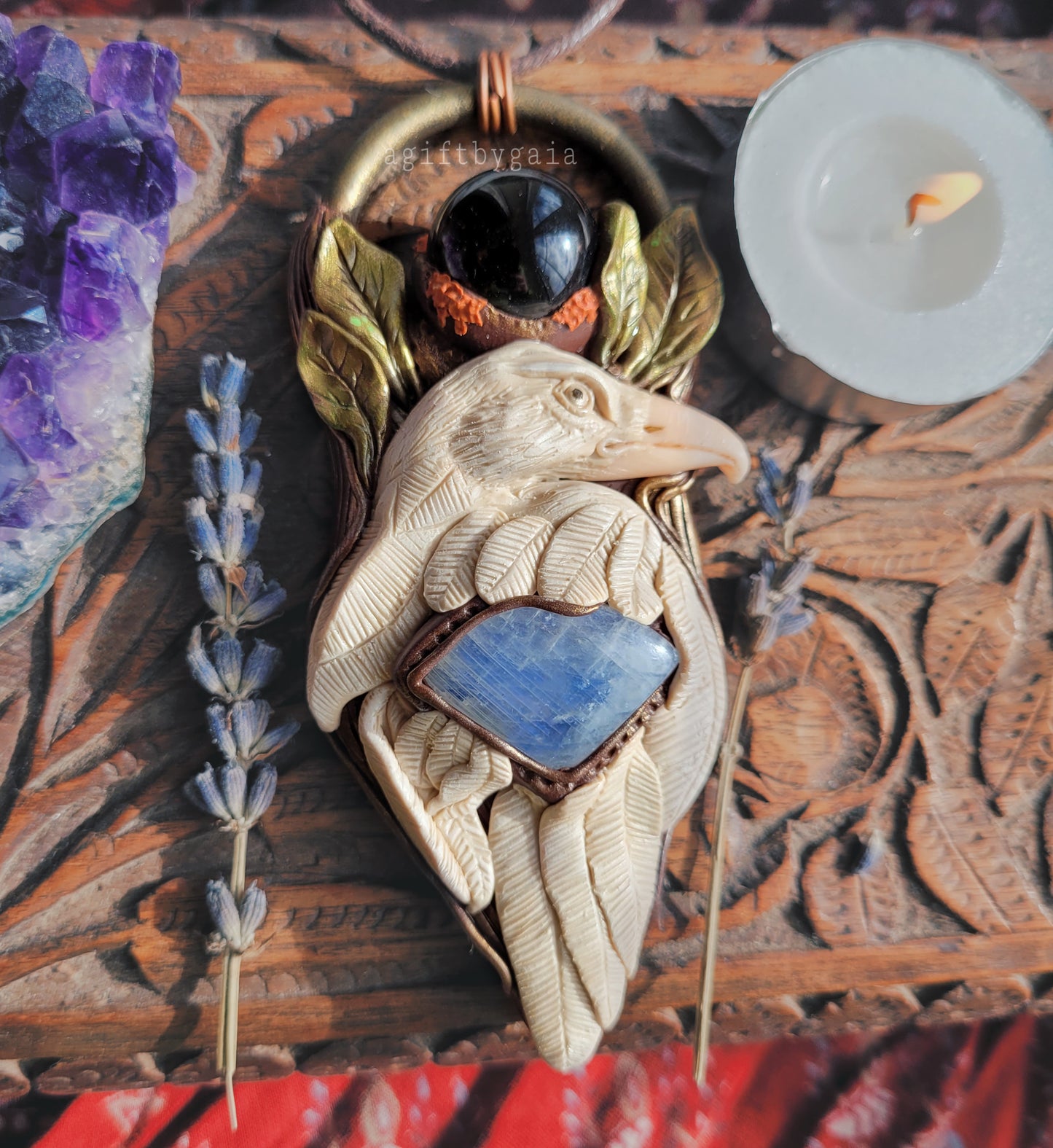 White Raven Talisman ~ Rainbow Moonstone & Smokey Quartz