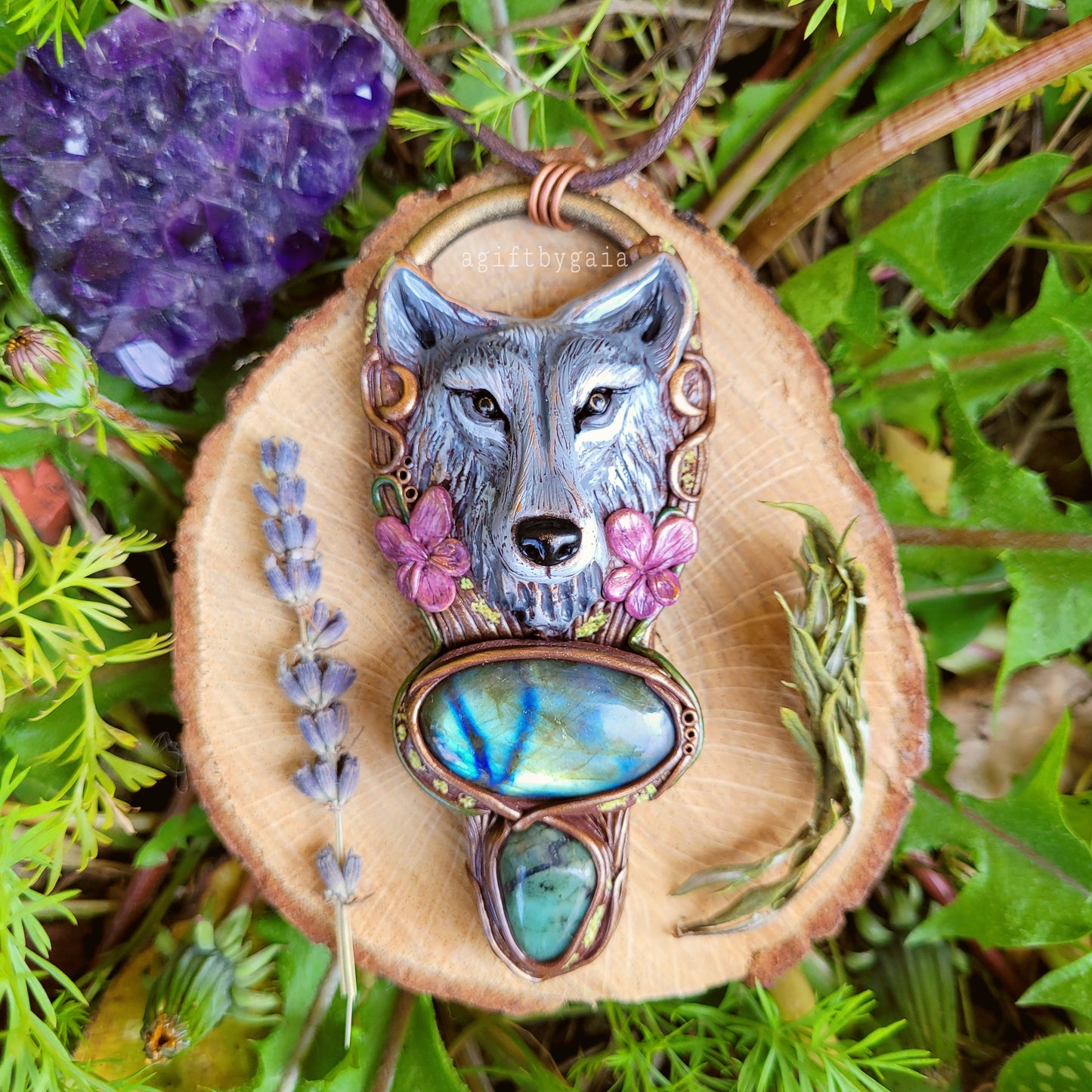 Brave Wolf & Dog Violet Talisman ~ Emerald & Labradorite