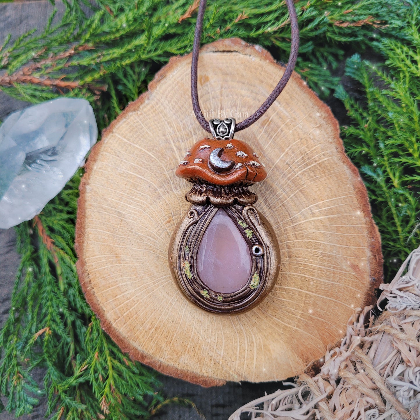 Large Crystal Moon Mushroom Faery House Pendant ~ Rose Quartz