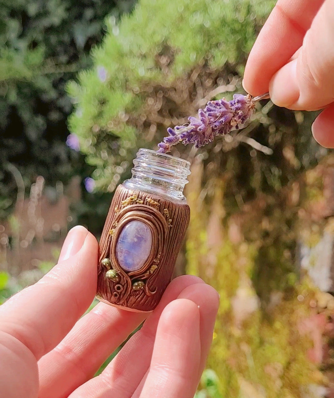 Keepsake Bottle Talisman ~ Rainbow Moonstone, Korean Jade, Unakite, Moss Agate & Sandalwood
