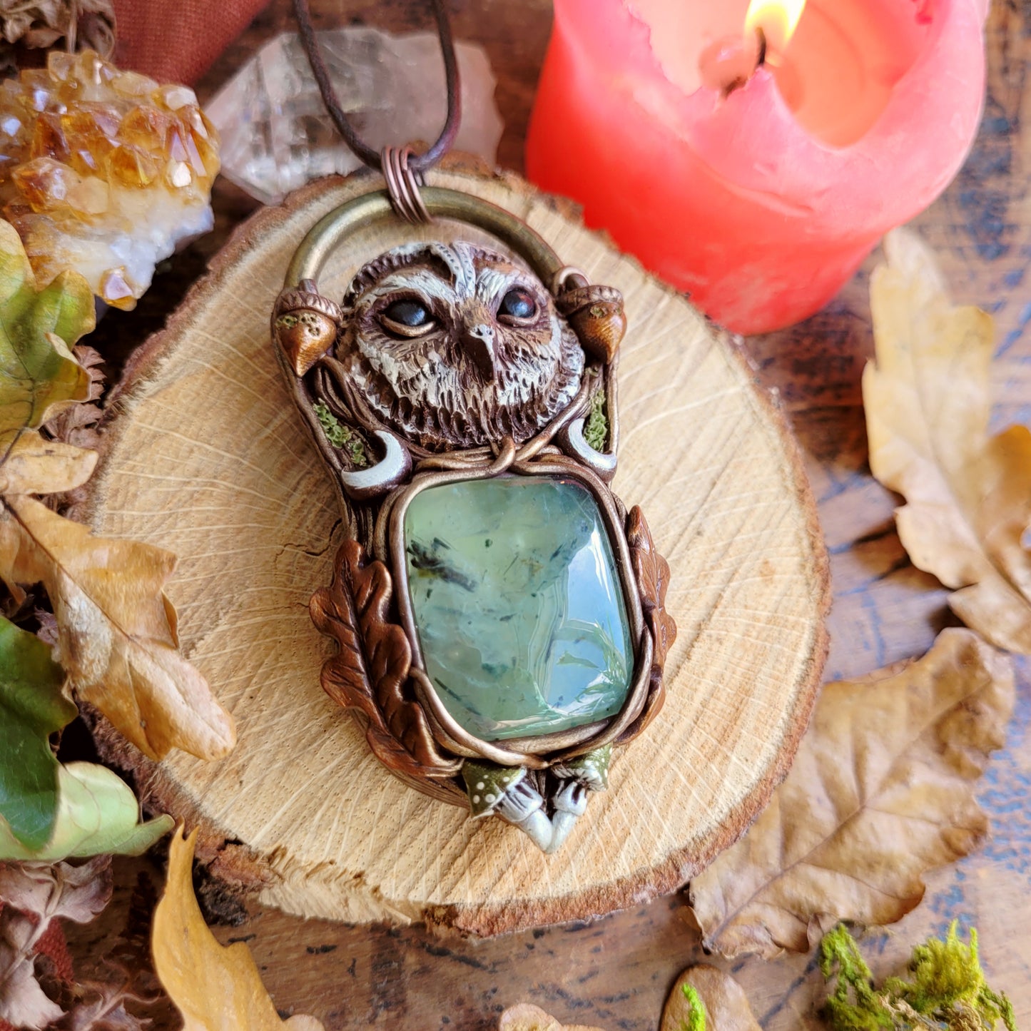 Tawny Owl Talisman (Autumn Edition) ~ Prehnite