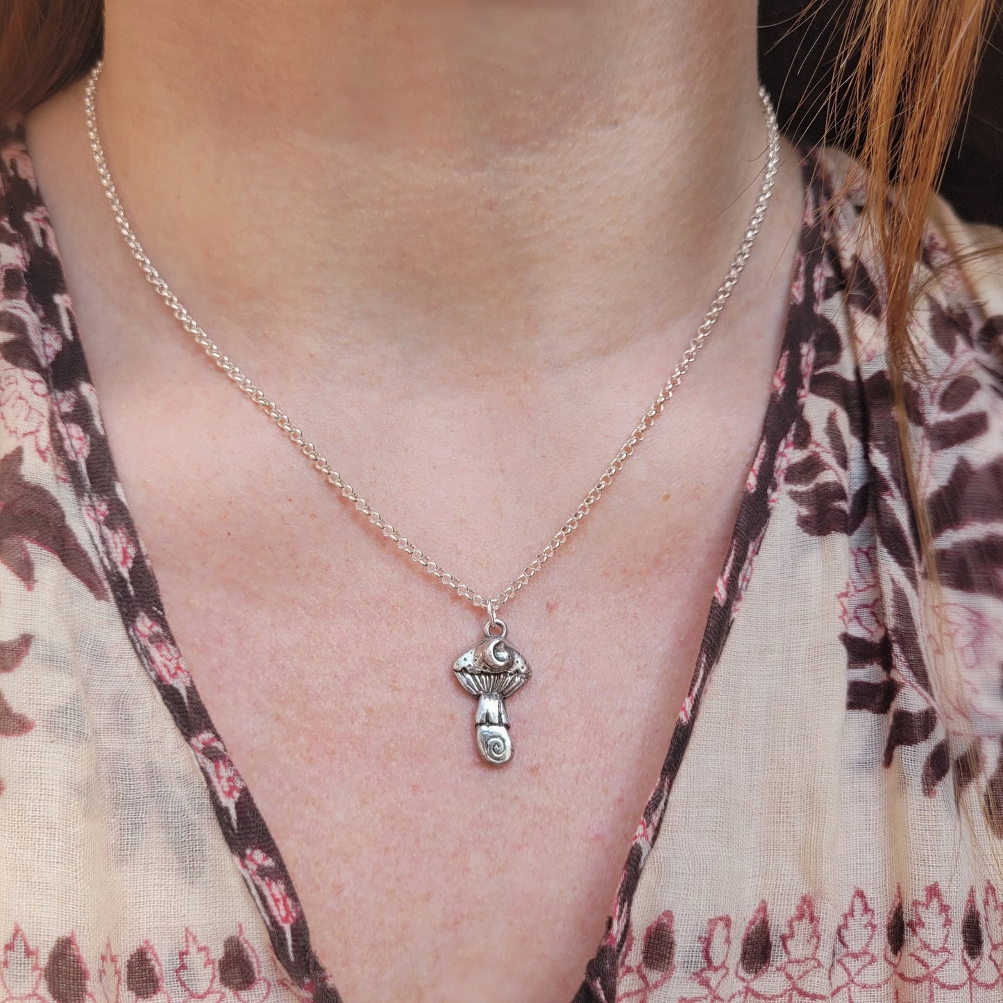 Spiral Moon Mushroom Talisman ~ Fine recycled Silver