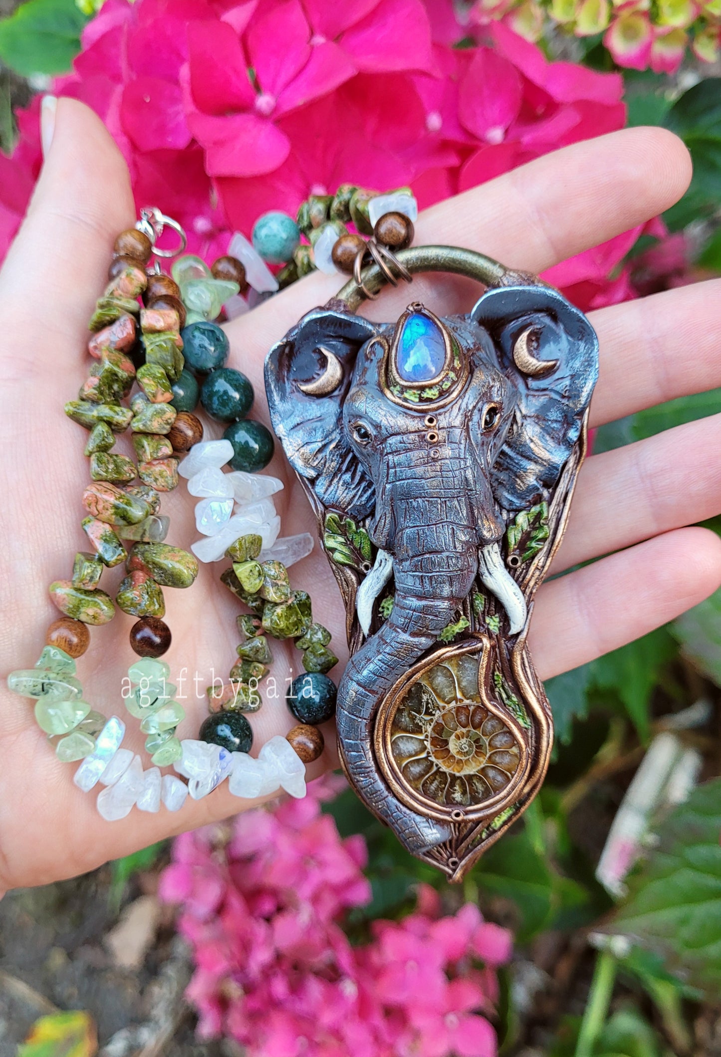 Sacred Elephant Crystal Beaded Lunar Talisman ~ Rainbow Moonstone, Ammonite Fossil, Unakite, Prehnite, Moss Agate & Sandalwood