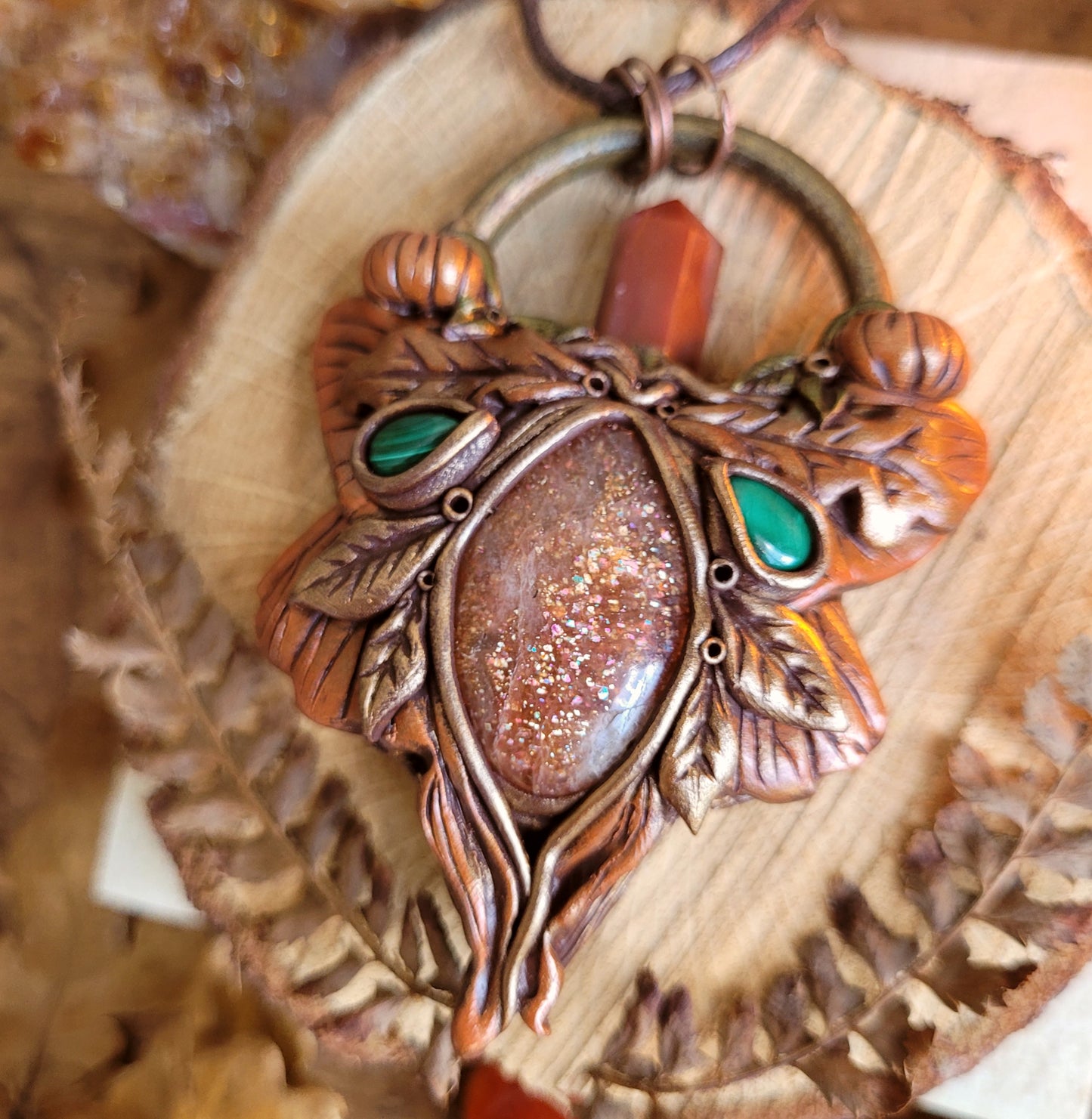 Autumn Moth Pumpkin Talisman ~ Malachite, Carnelian & Sunstone