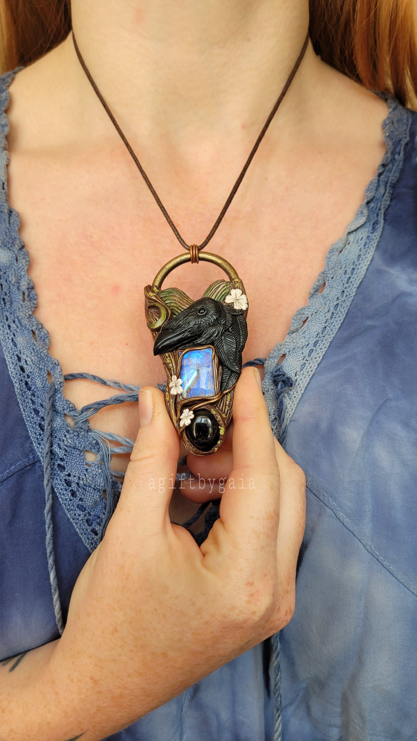 Raven Flies over the Hills & Blackthorn Talisman ~ Rainbow Moonstone & Amethyst