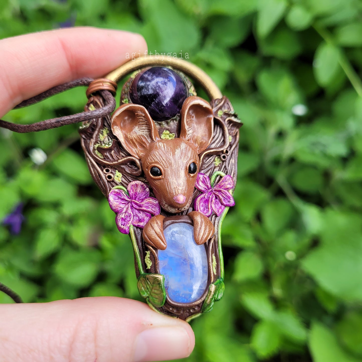 Wood Mouse in the Violets Talisman ~ Amethyst & Moonstone