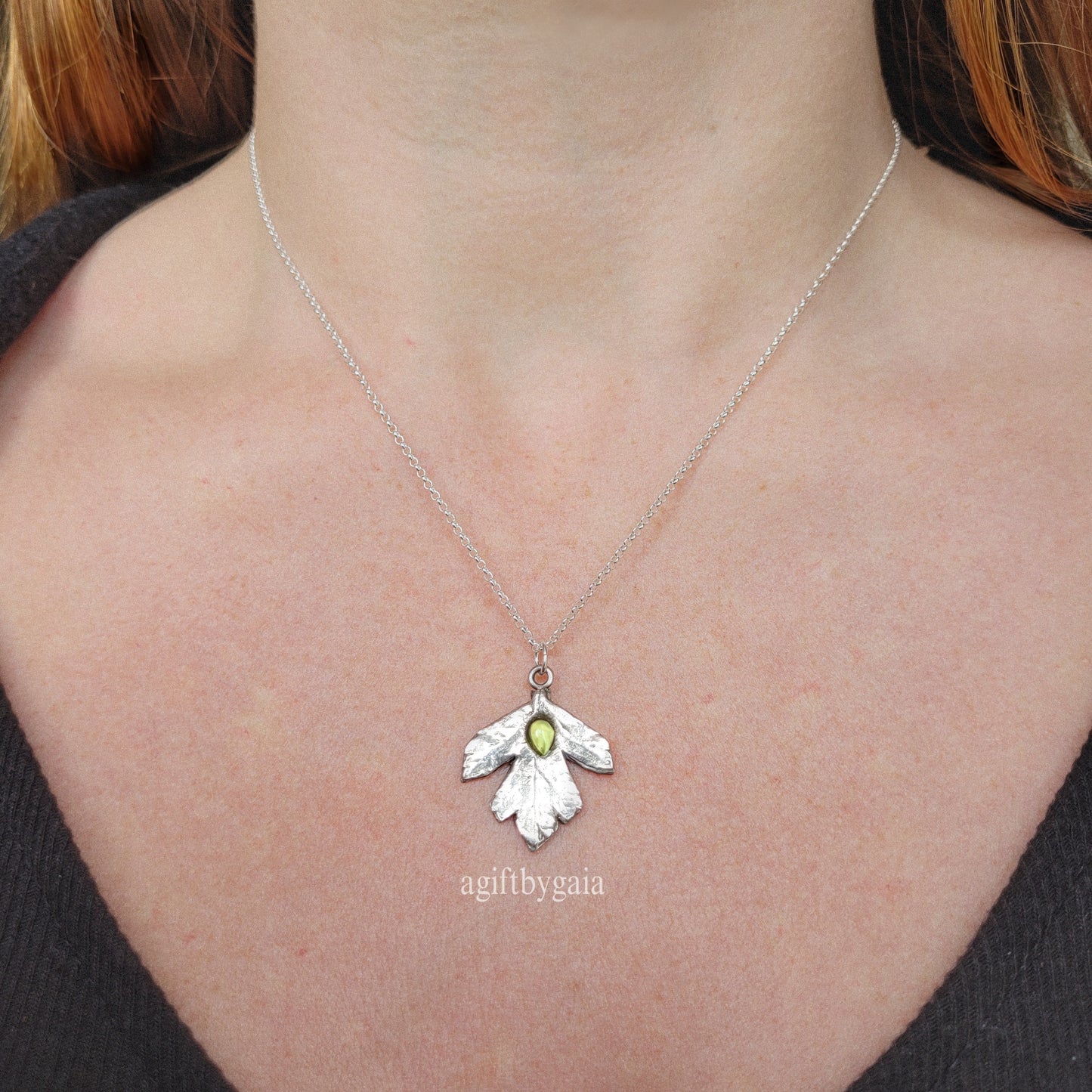Hawthorn Leaf Peridot Talisman ~ Fine 999 Recycled Silver