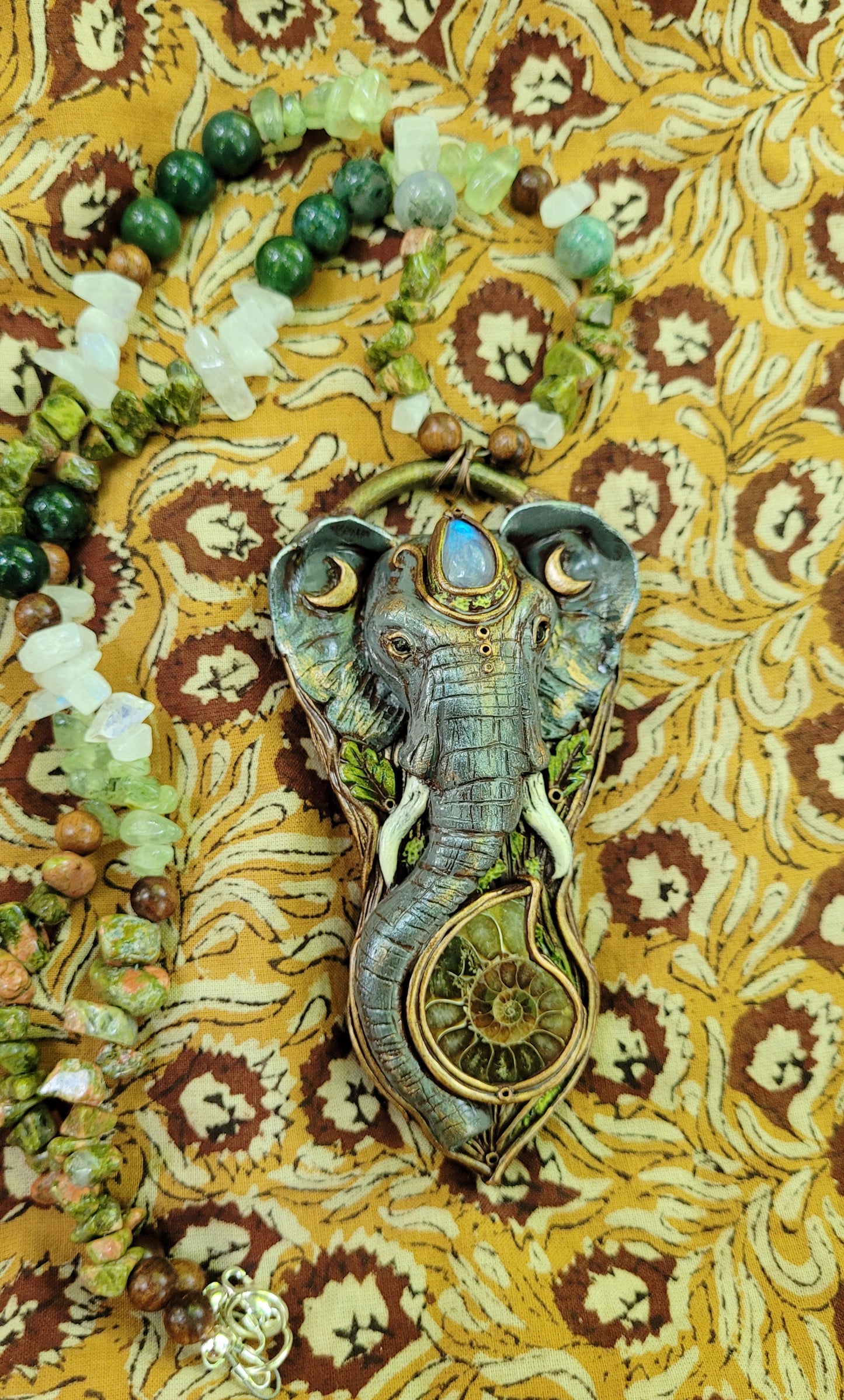 Sacred Elephant Crystal Beaded Lunar Talisman ~ Rainbow Moonstone, Ammonite Fossil, Unakite, Prehnite, Moss Agate & Sandalwood