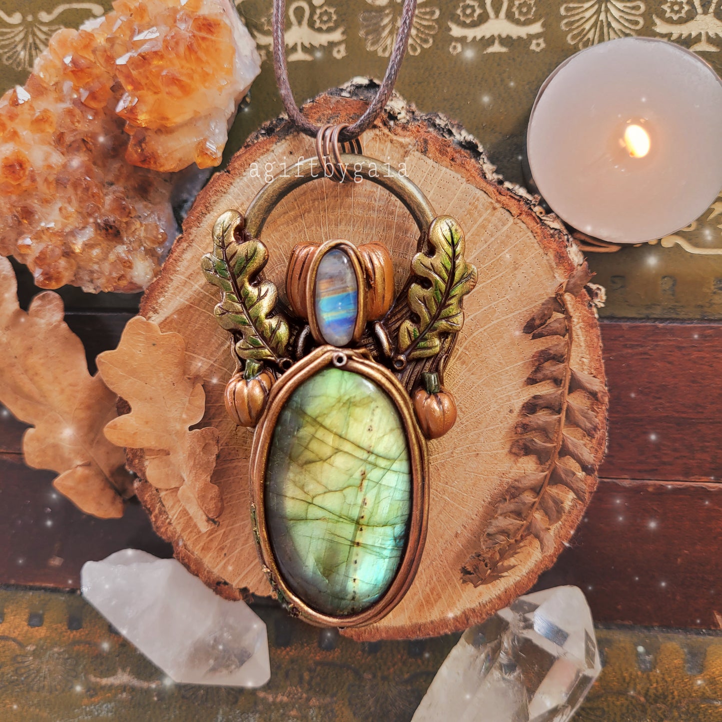 Pumpkin Cauldron Talisman ~ Rainbow Moonstone & Green Labradorite