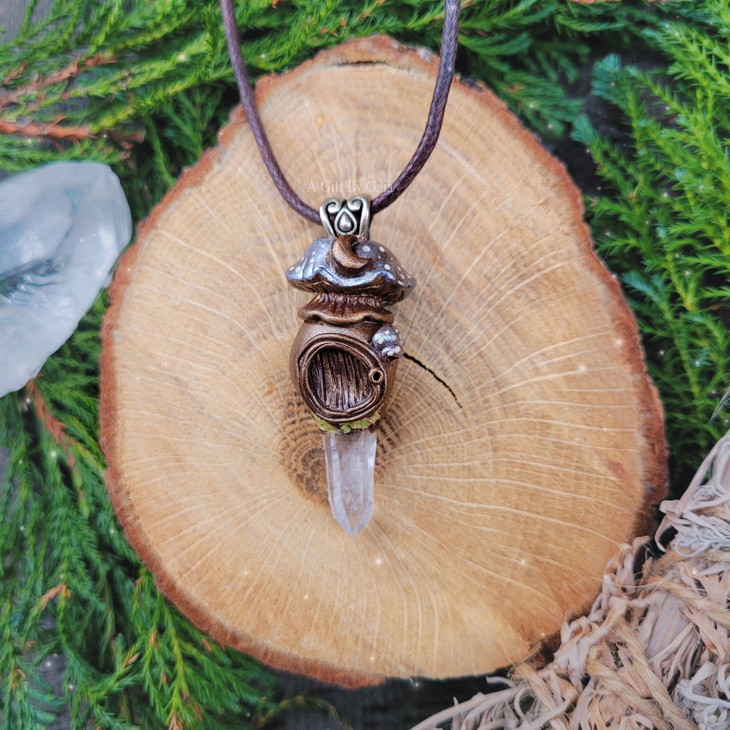 Crystal Moon Mushroom Faery House Pendant ~ Quartz