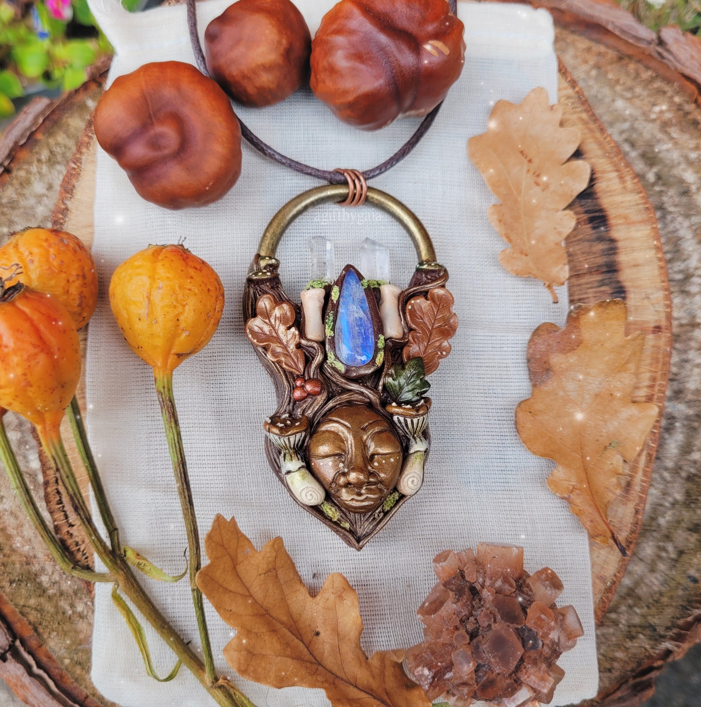 Goddess of Autumn Candle Talisman ~ Rainbow Moonstone & Clear Quartz