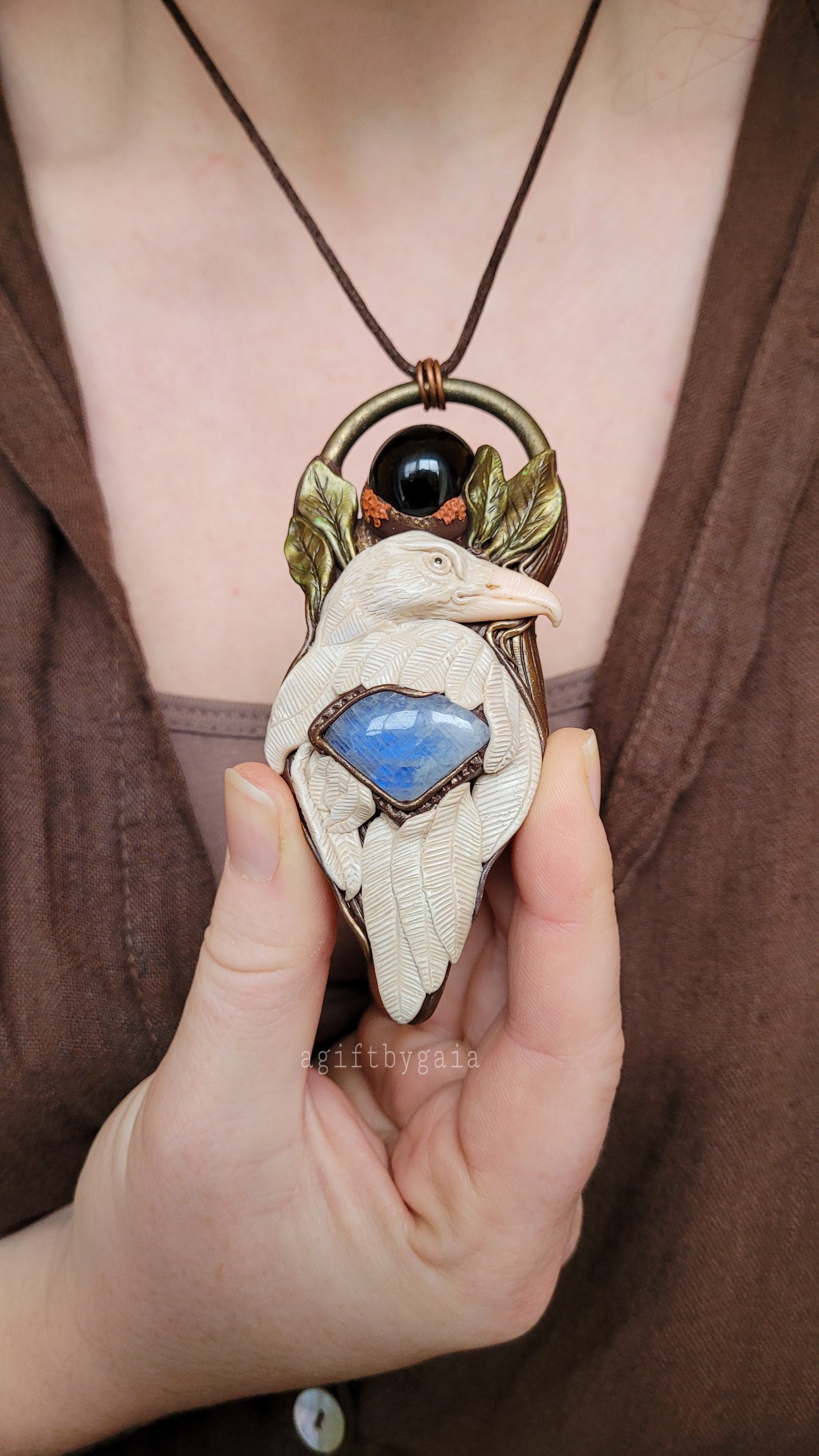 White Raven Talisman ~ Rainbow Moonstone & Smokey Quartz