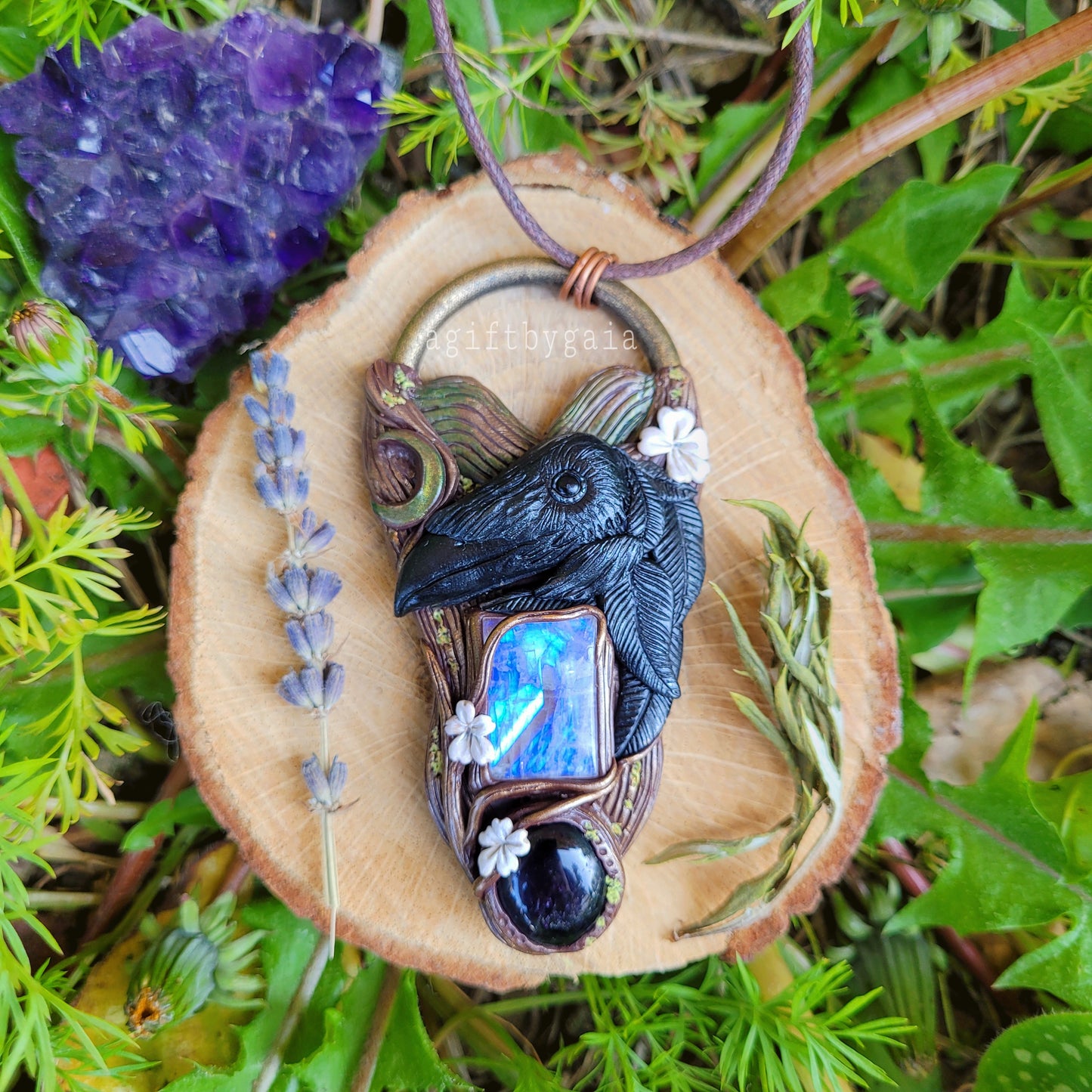 Raven Flies over the Hills & Blackthorn Talisman ~ Rainbow Moonstone & Amethyst