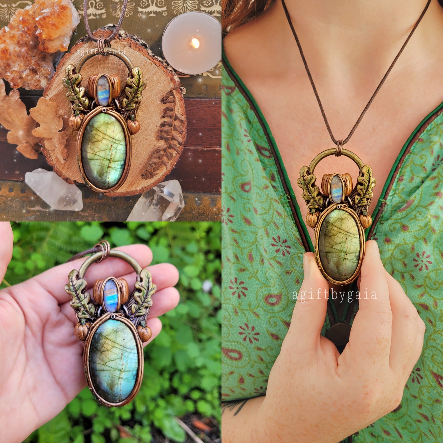 Pumpkin Cauldron Talisman ~ Rainbow Moonstone & Green Labradorite