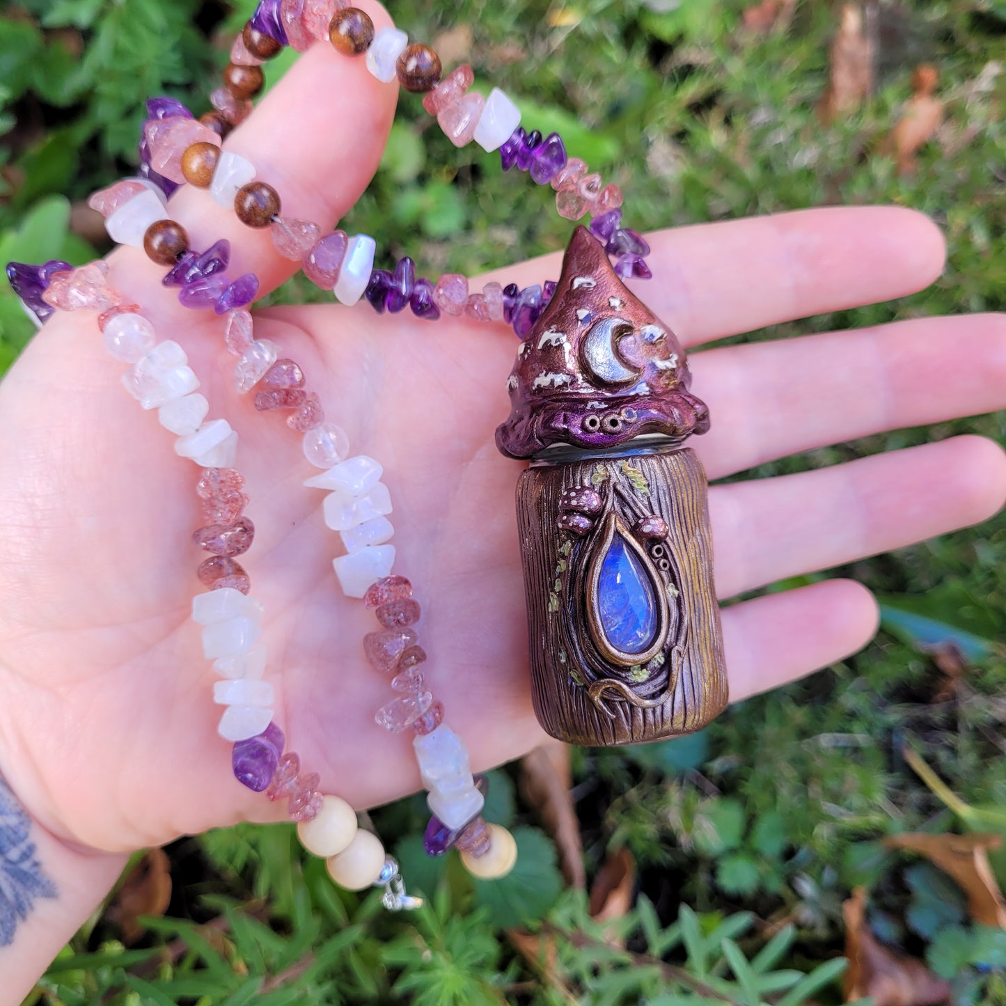 Keepsake Bottle Talisman ~ Rainbow Moonstone, Amethyst, Rose Quartz, Strawberry Quartz & Sandalwood