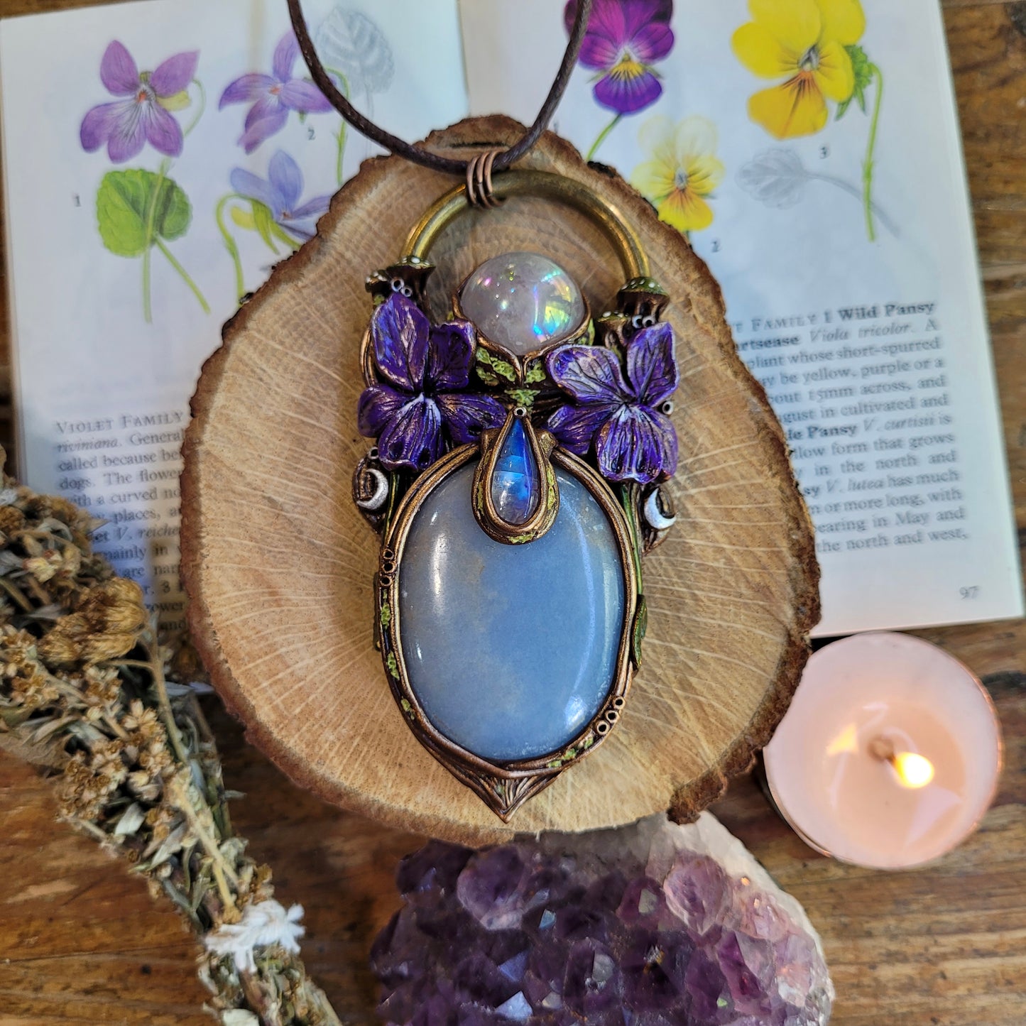 Wild Violets Talisman ~ Angelite, Aura Rose Quartz & Rainbow Moonstone