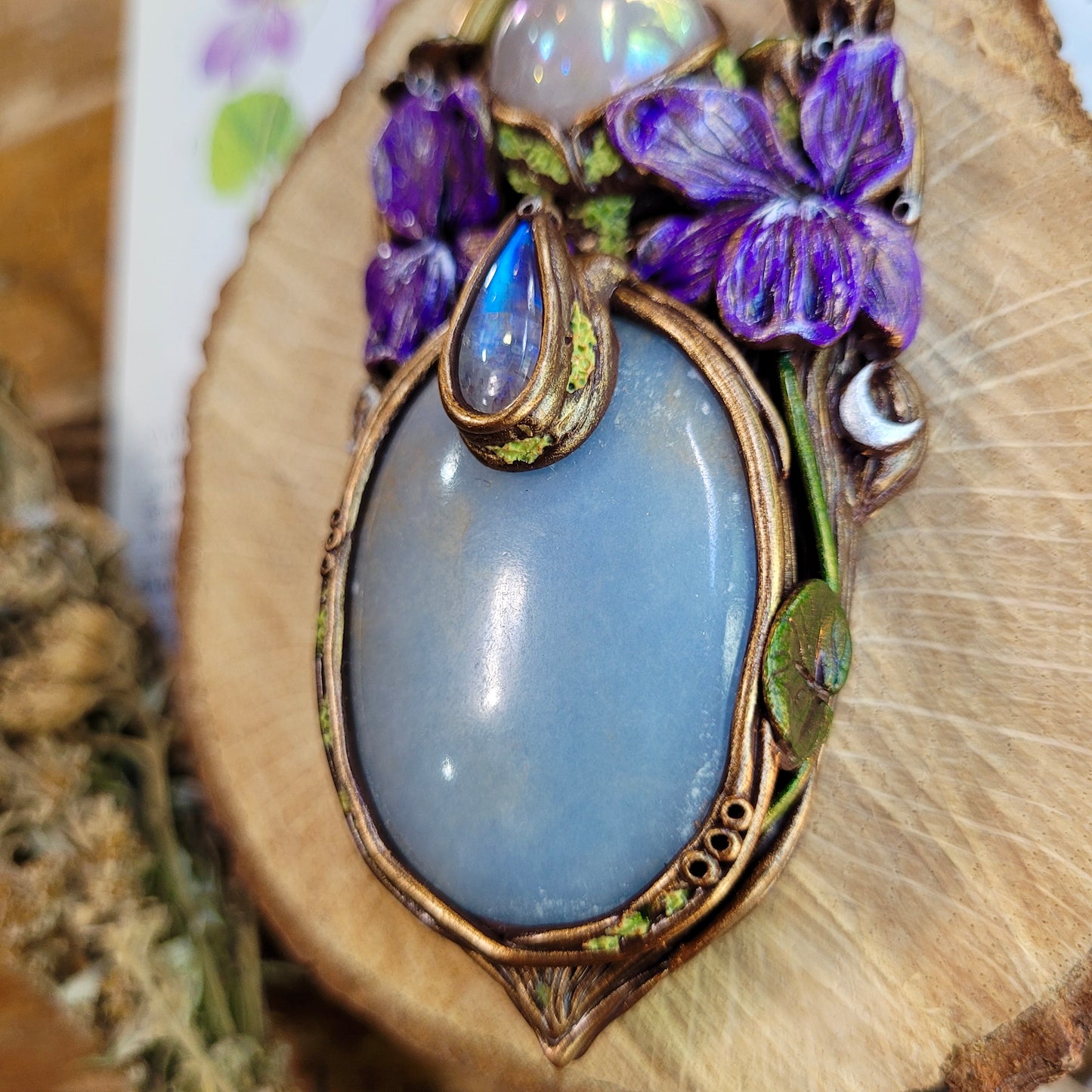 Wild Violets Talisman ~ Angelite, Aura Rose Quartz & Rainbow Moonstone
