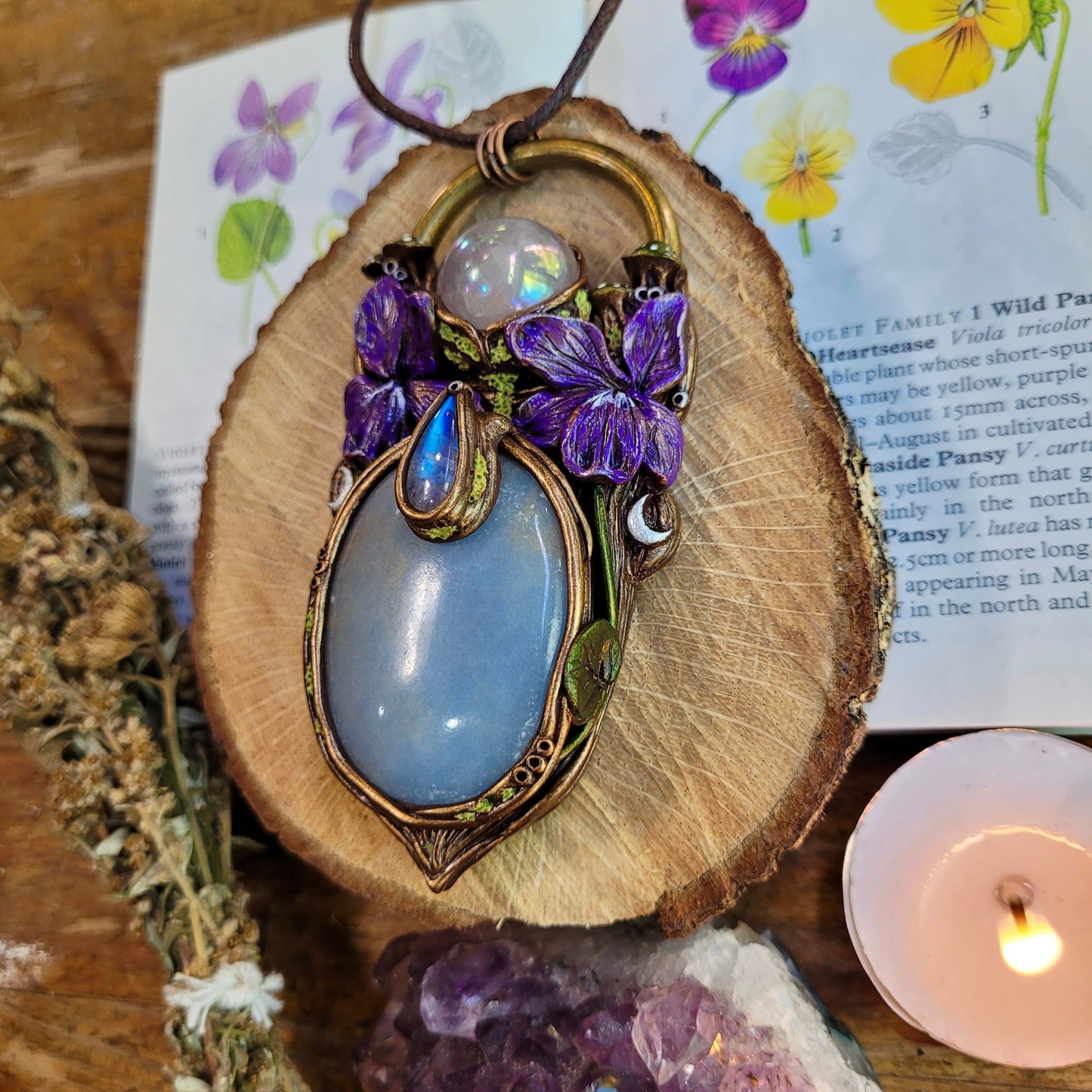 Wild Violets Talisman ~ Angelite, Aura Rose Quartz & Rainbow Moonstone