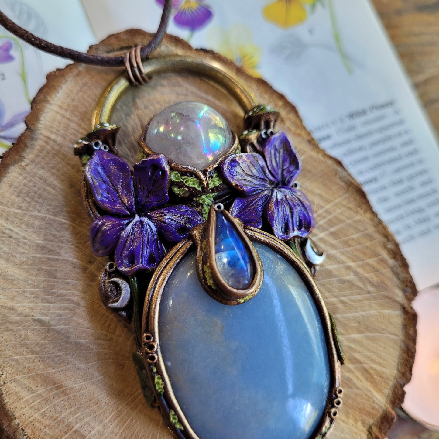Wild Violets Talisman ~ Angelite, Aura Rose Quartz & Rainbow Moonstone